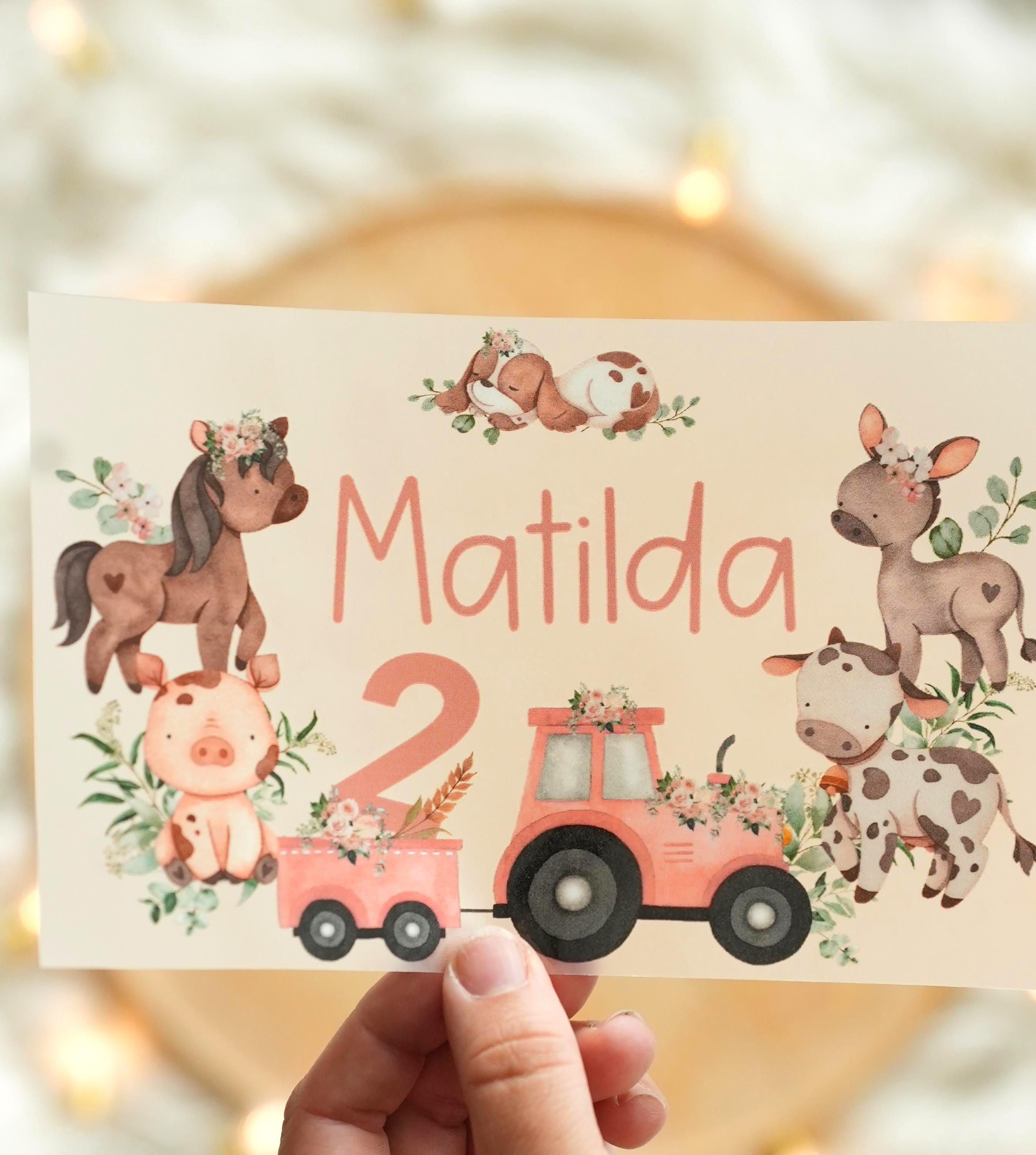 Bügelbild rosa Traktor mit Tieren – personalisiert mit Name & Zahl – Bauernhof-Motiv für – Pferd, Kuh und Ferkel – Geburtstag – Appliques & Patches