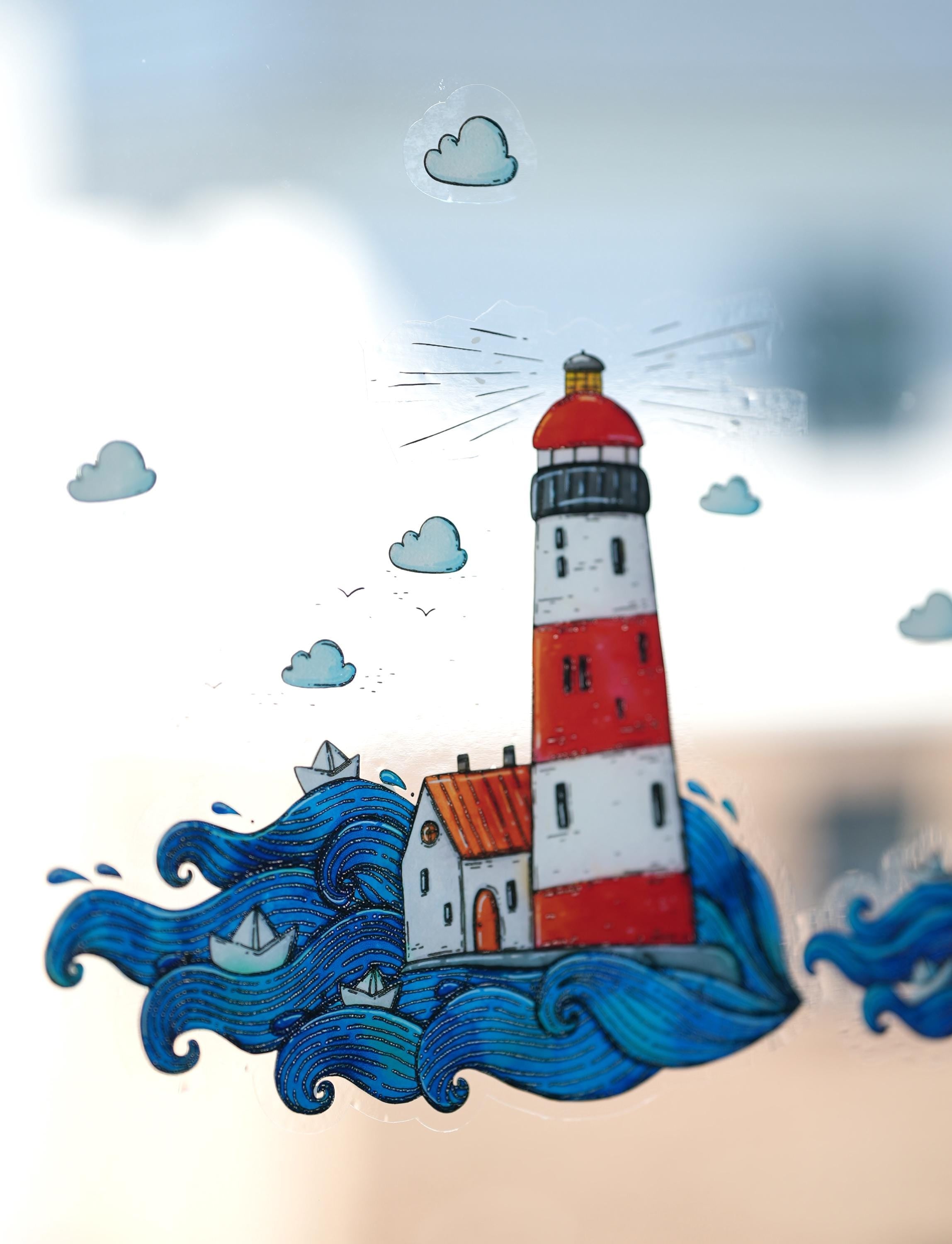 Fensterbild Leuchtturm – statisch haftend & ohne Kleber – maritime Fensterdeko Sommer – für Glastür, Fenster und Ferienhaus – 