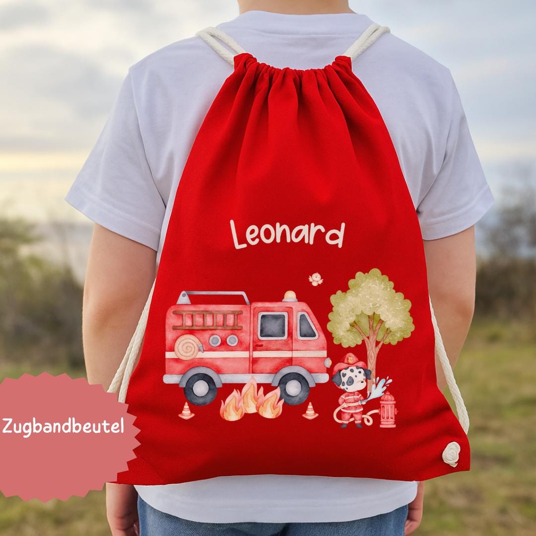 Feuerwehr Turnbeutel mit Name – personalisierter – Kita Tasche Hundemotiv – Team Sports & Gym Bags