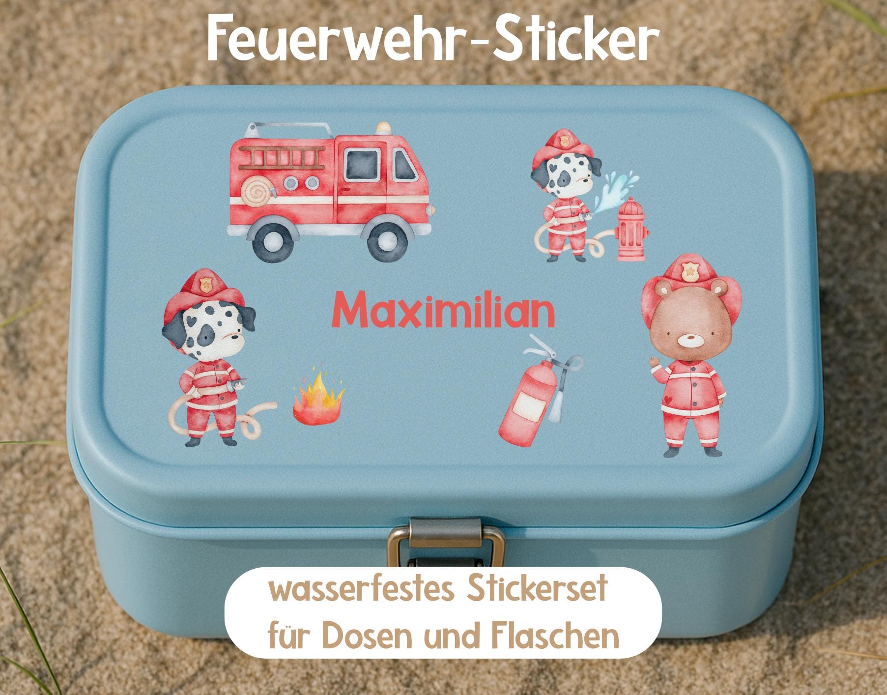 Namensaufkleber Feuerwehrhund und Feuerwehrbär – personalisiert – spülmaschinenfest & wasserfest – Sticker für Brotdose, Flasche, Kita – Stickers
