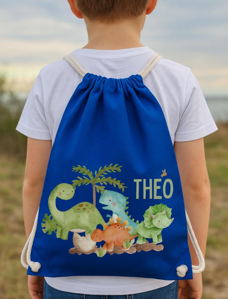 Turnbeutel Dino mit Namen – personalisierter – Geschenk Einschulung garten Schule – Dinosaurier Motiv – Team Sports & Gym Bags