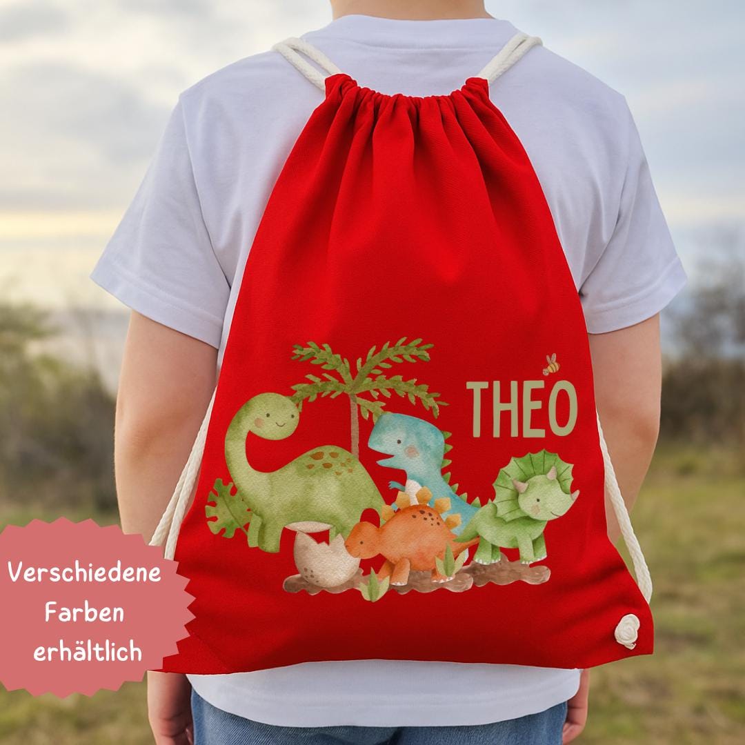Turnbeutel Dino mit Namen – personalisierter – Geschenk Einschulung garten Schule – Dinosaurier Motiv – Team Sports & Gym Bags