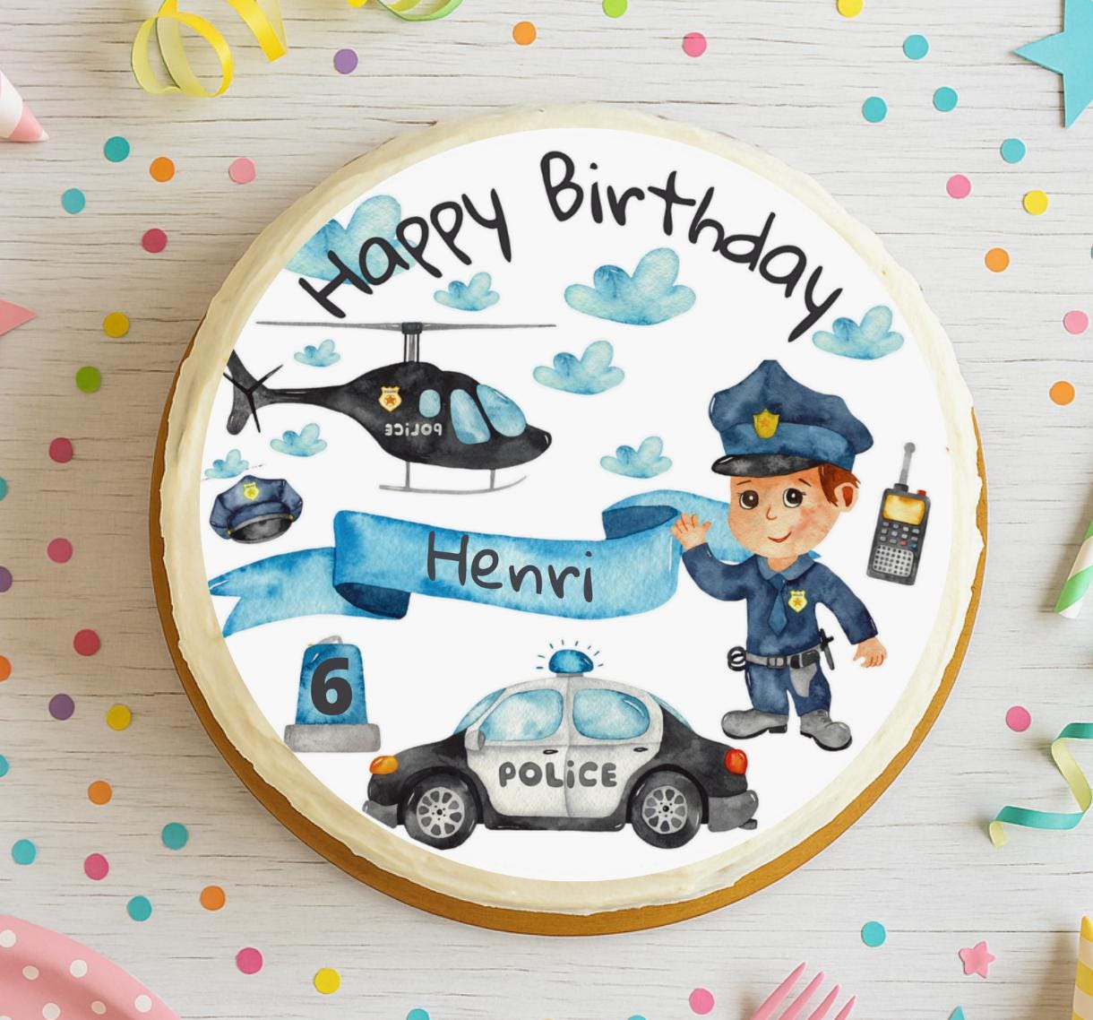 Tortenaufleger Polizei personalisiert – Fondantbild mit Name & Alter – Geburtstag – Kuchenbild – Polizei-Motto 20 cm – Party Decor