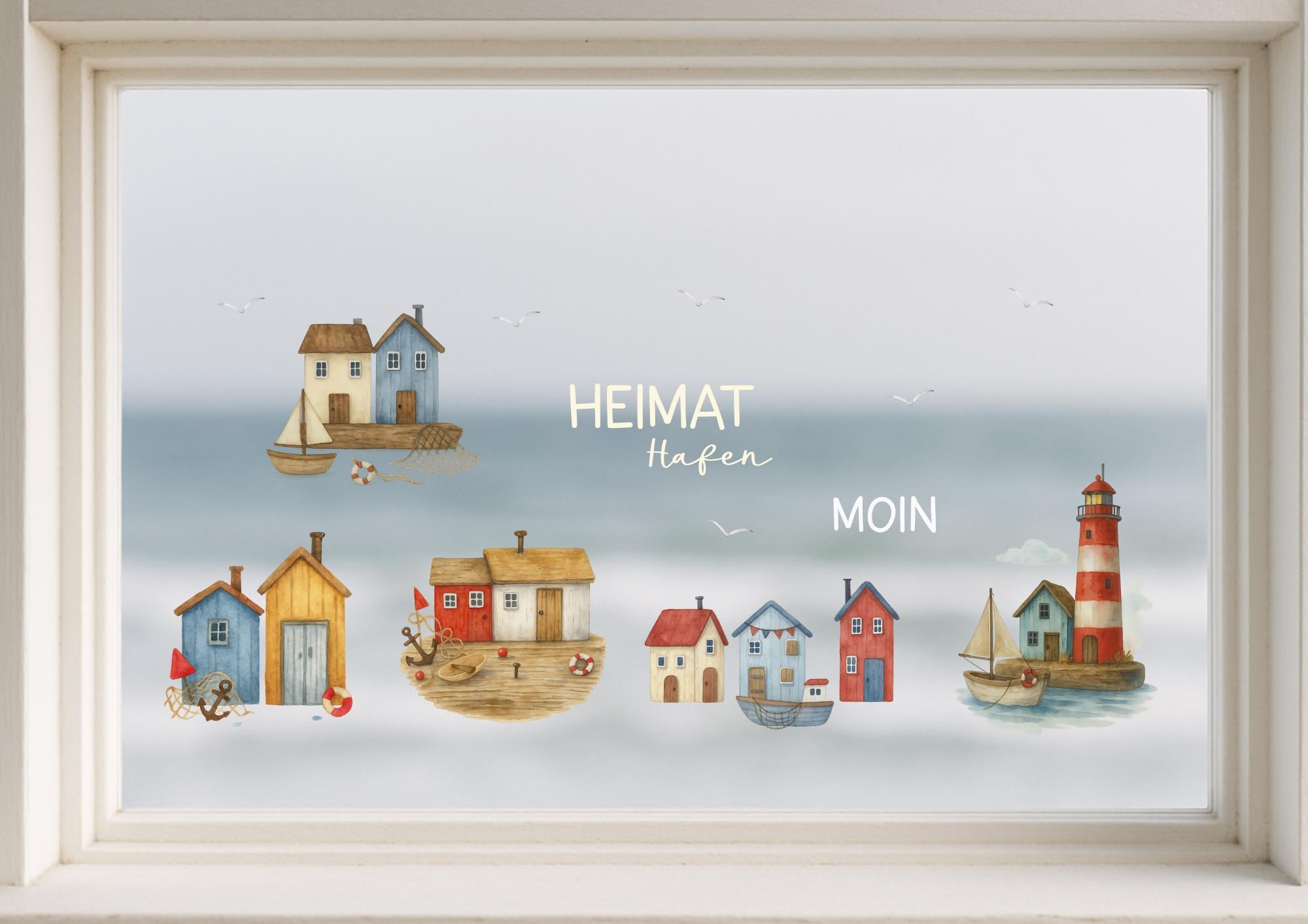 Fensterbild Strandhäuser Treibholzstil – ablösbar & wiederverwendbar – maritime Fensterdeko Leuchtturm Küstenhäuschen Deko Meer – 