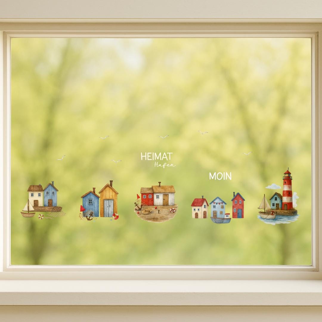 Fensterbild Strandhäuser Treibholzstil – ablösbar & wiederverwendbar – maritime Fensterdeko Leuchtturm Küstenhäuschen Deko Meer – 