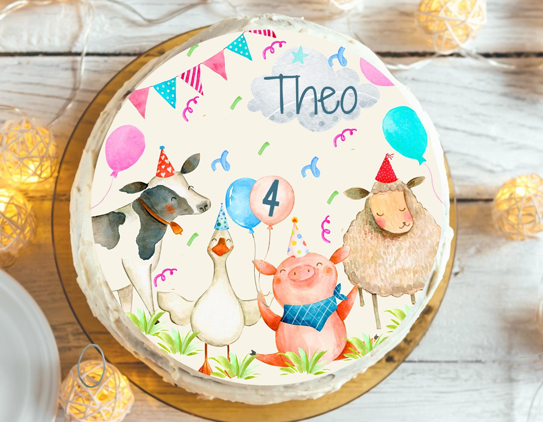 Tortenaufleger Bauernhof Geburtstag – Fondantbild mit Name & Zahl – Tiere geburtstag – Kuh Schwein Schaf Gans – Party Decor