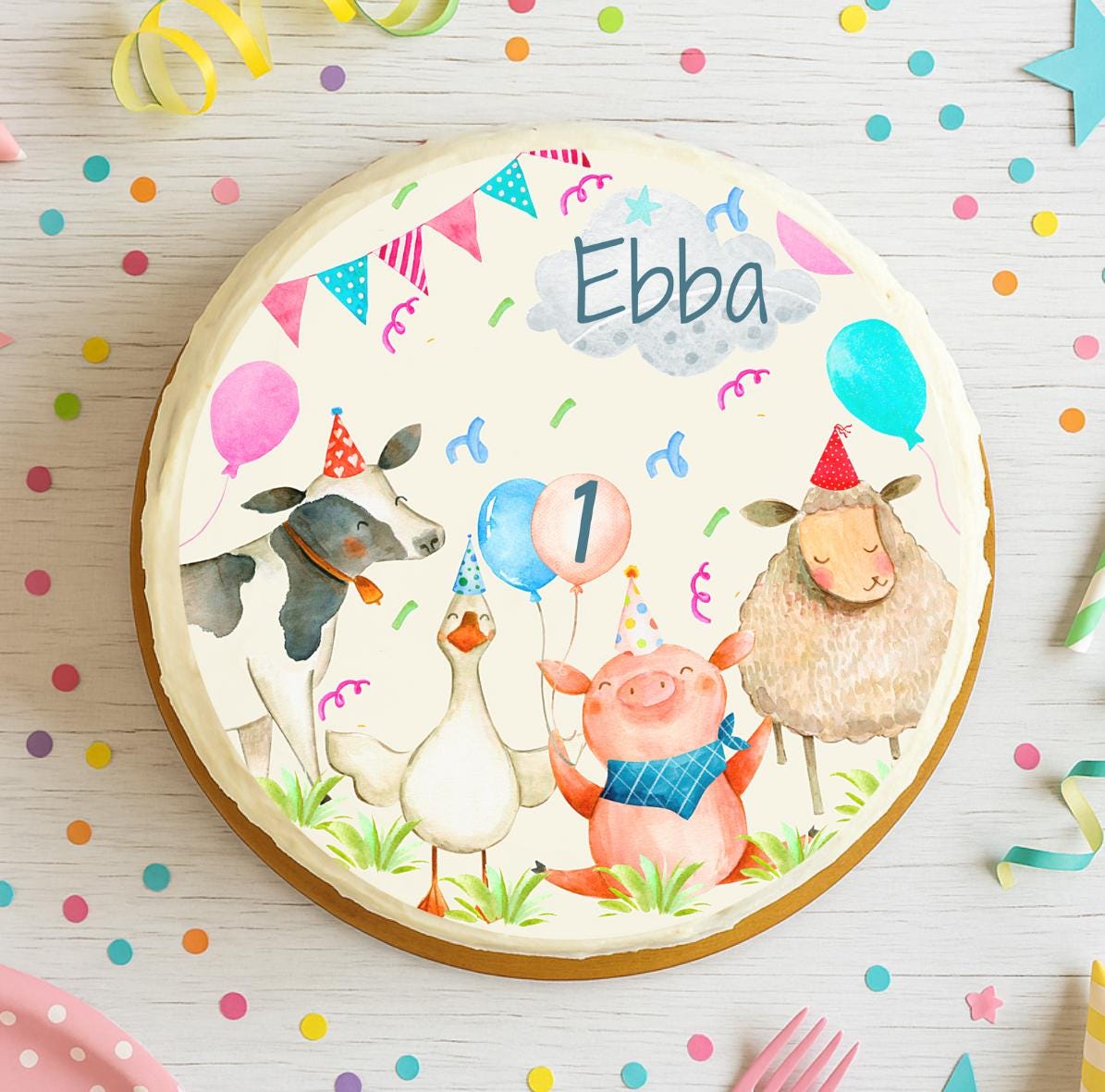 Tortenaufleger Bauernhof Geburtstag – Fondantbild mit Name & Zahl – Tiere geburtstag – Kuh Schwein Schaf Gans – Party Decor
