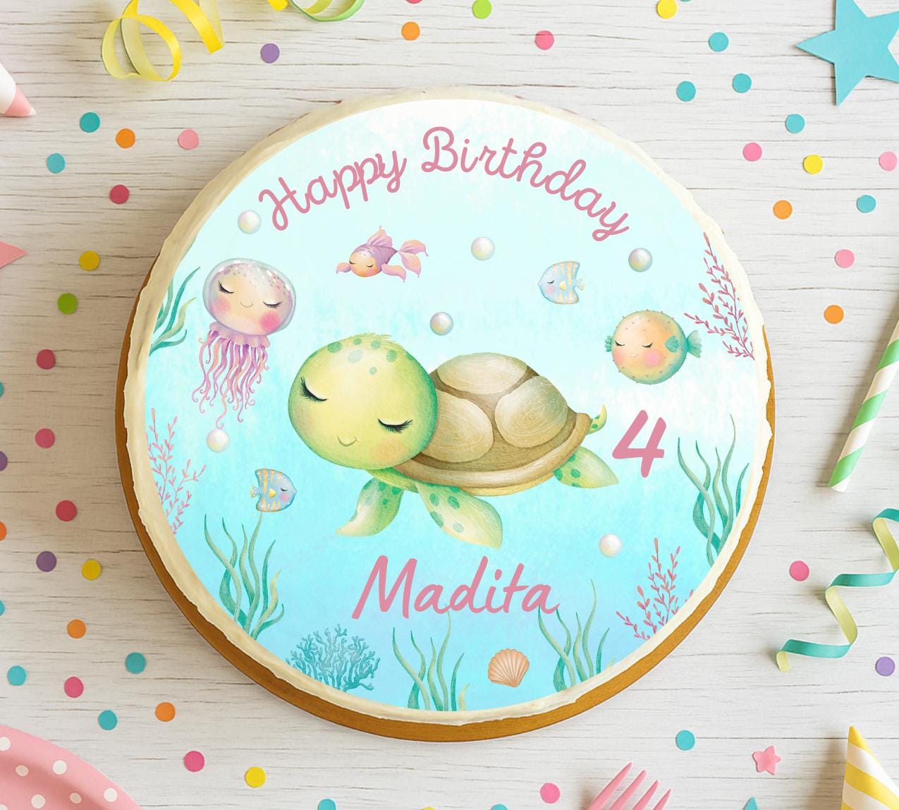 Tortenaufleger Unterwasser rosa – Fondantbild Geburtstag mit Name & Zahl – Schildkröte, Fische, Korallen – – Party Decor