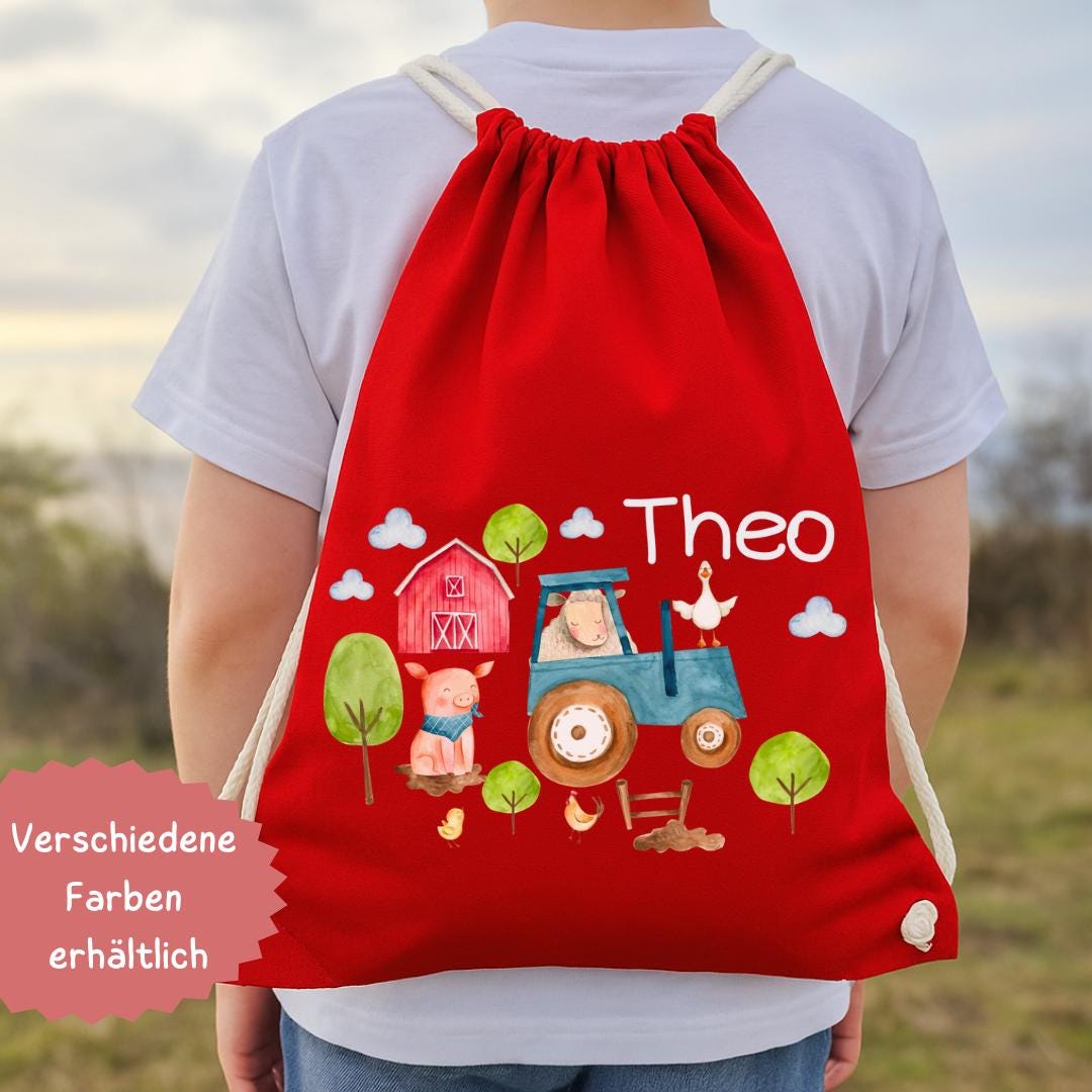 Turnbeutel mit Namen für – Bauernhof-Motiv personalisiert – Kita Tasche für Wechselwäsche aus Baumwolle – Team Sports & Gym Bags