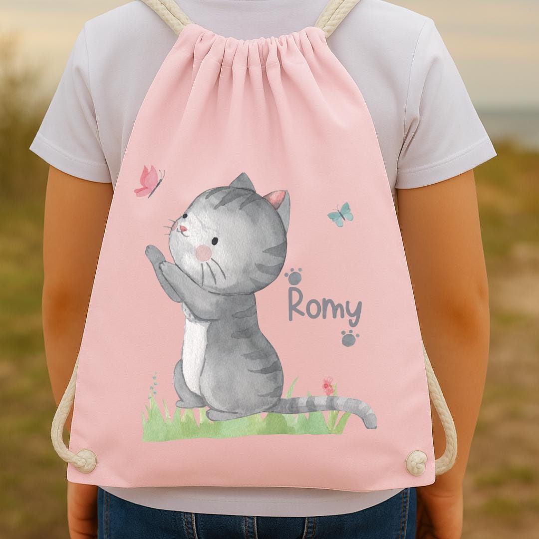 Turnbeutel Katze personalisiert – mit Namen – Schmetterling – Kita Tasche für Wechselwäsche – Team Sports & Gym Bags