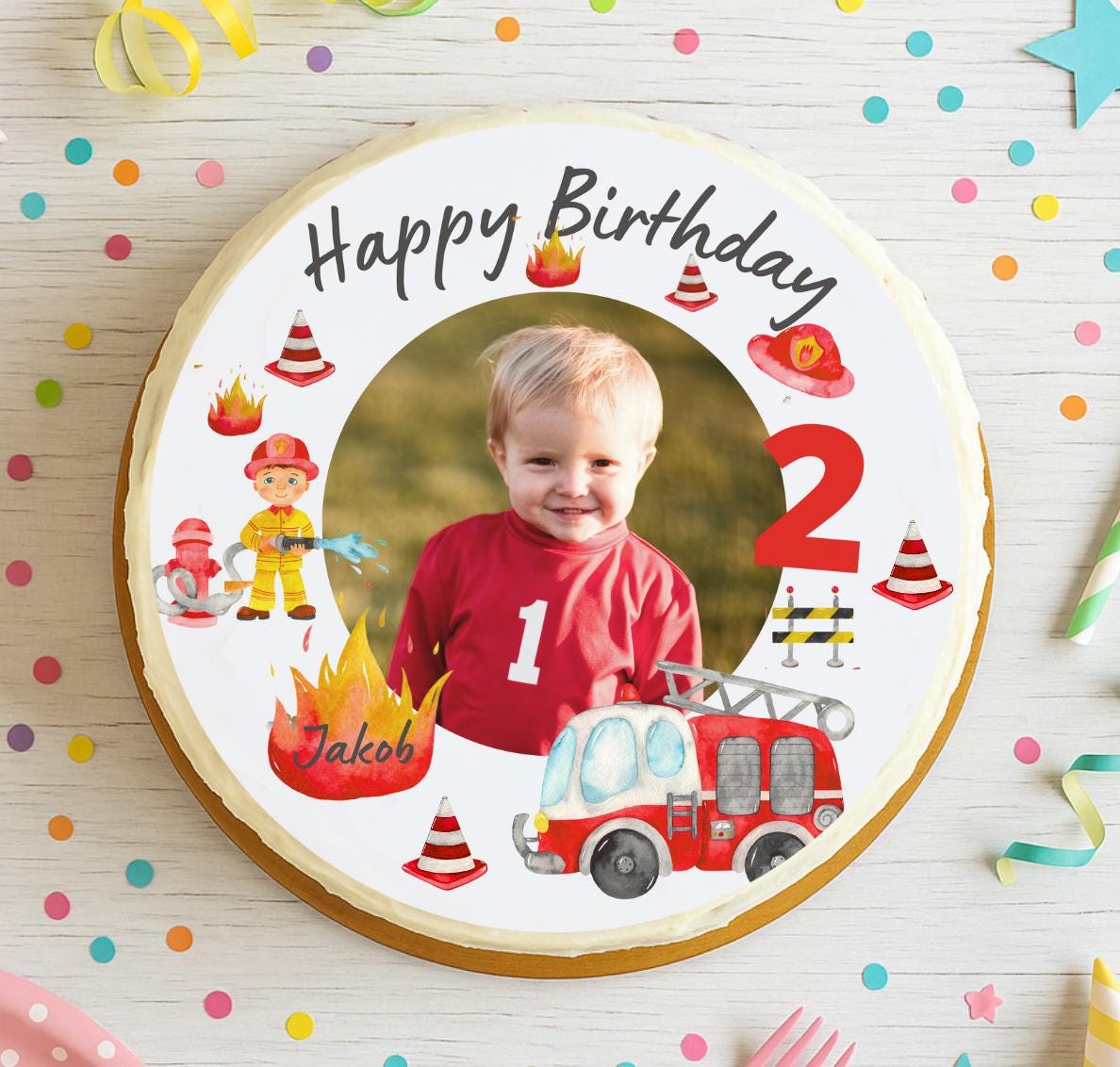 Tortenaufleger Feuerwehr mit Foto – personalisiert mit Name & Bild – Fondant- für geburtstag – n und – Party Decor