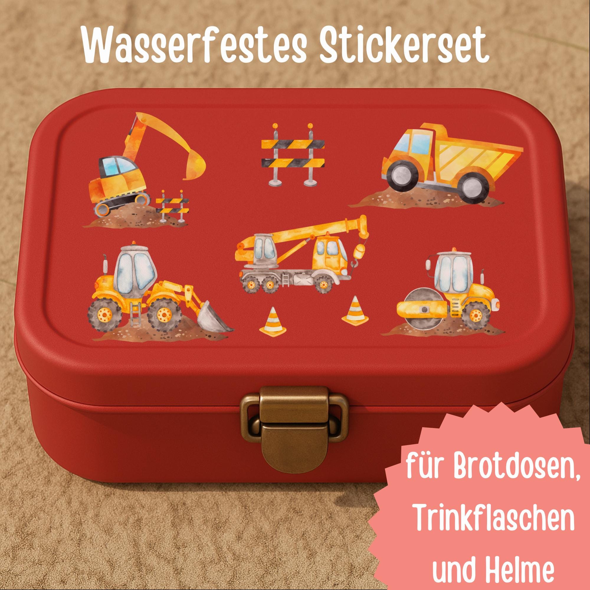 Baustellen-Sticker Set – Bagger, Traktor & Kipplaster – wasserfest und spülmaschinenfest – für Brotdose, Flasche und Helm – Stickers