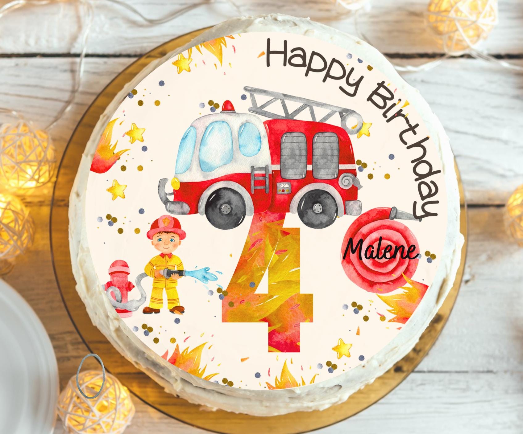 Tortenaufleger Feuerwehr – mit großer Zahl & Name – für geburtstag – essbar – 20 cm – personalisiert – Party Decor