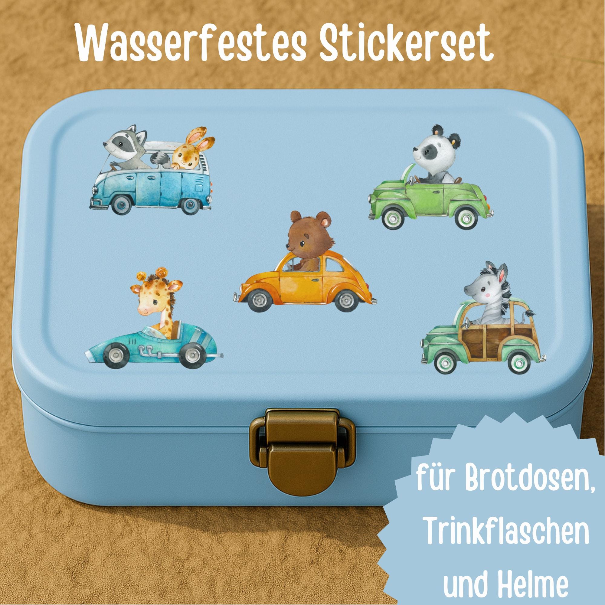 Wasserfestes Sticker-Set – Tiere im Auto – spülmaschinenfest für Brotdose, Trinkflasche, Fahrradhelm – Waldtiere für – Stickers