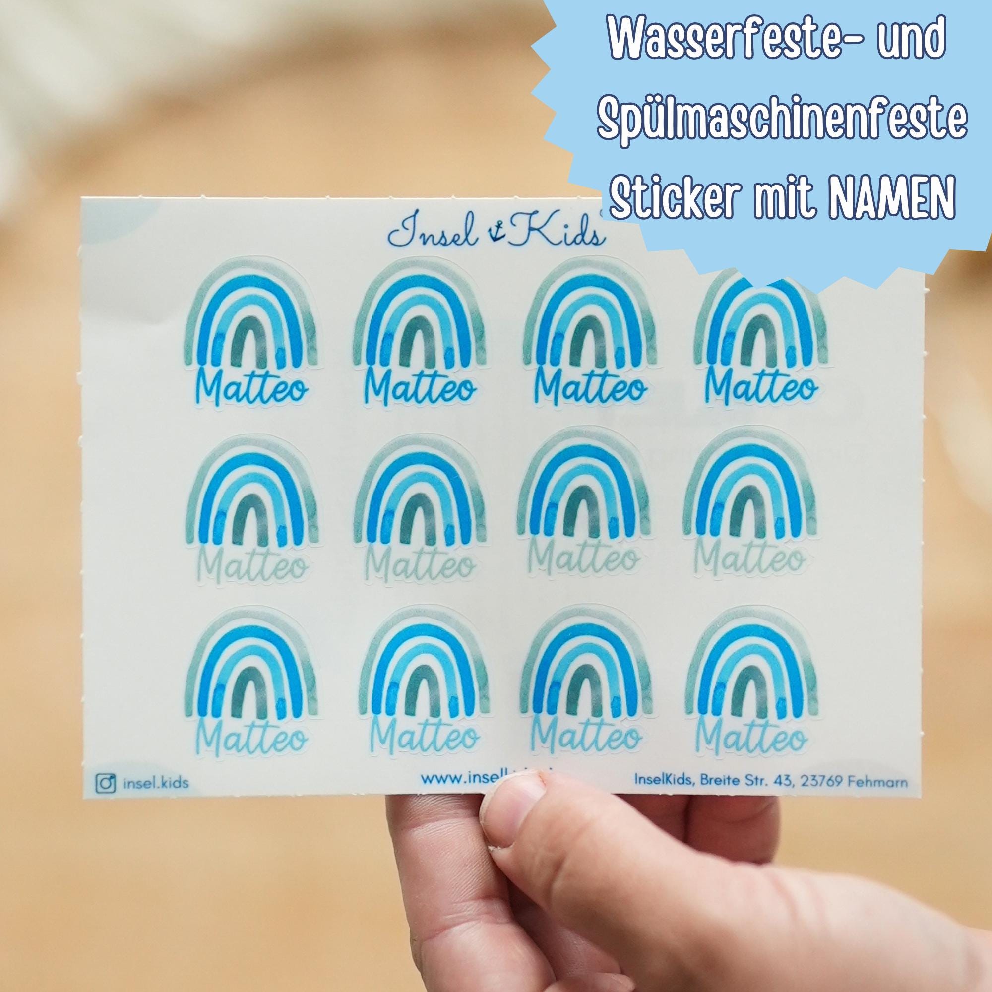 Namenssticker blau-grün – personalisiert für n – Regenbogen Design – spülmaschinenfest & wasserfest – Kita Schule – A6 A5 A4 – Stickers