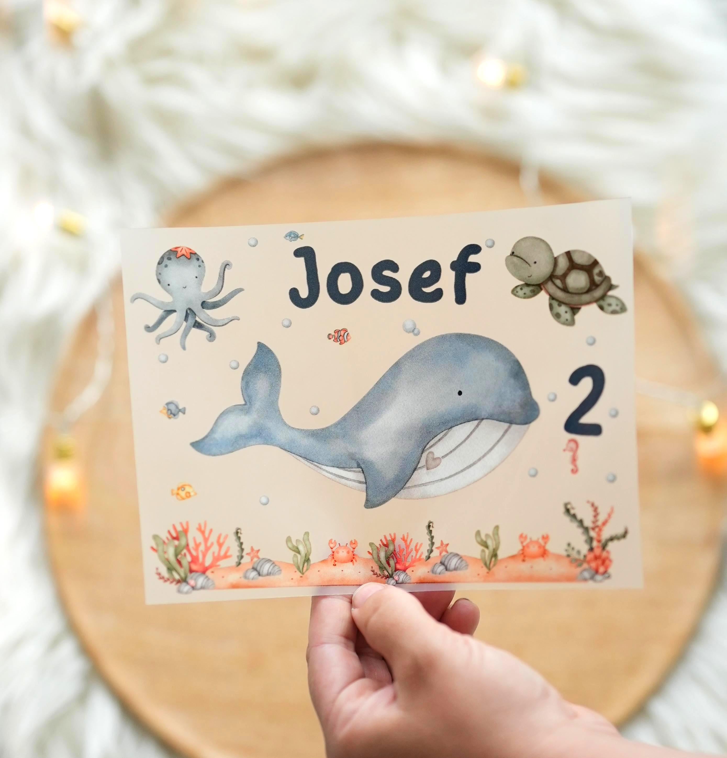 Bügelbild Wal Meerestiere – personalisiert mit Name & Alter – Geburtstagsshirt – Unterwasser Motiv – DIY Aufbügler A5 A4 – Appliques & Patches
