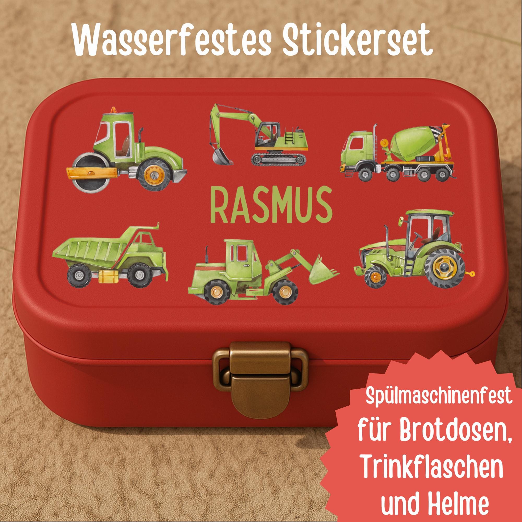 Namensaufkleber Baustelle – personalisierte Sticker mit Bagger & Traktor – wetterfest und spülmaschinenfest – für Brotdose und Trinkflasche – Stickers