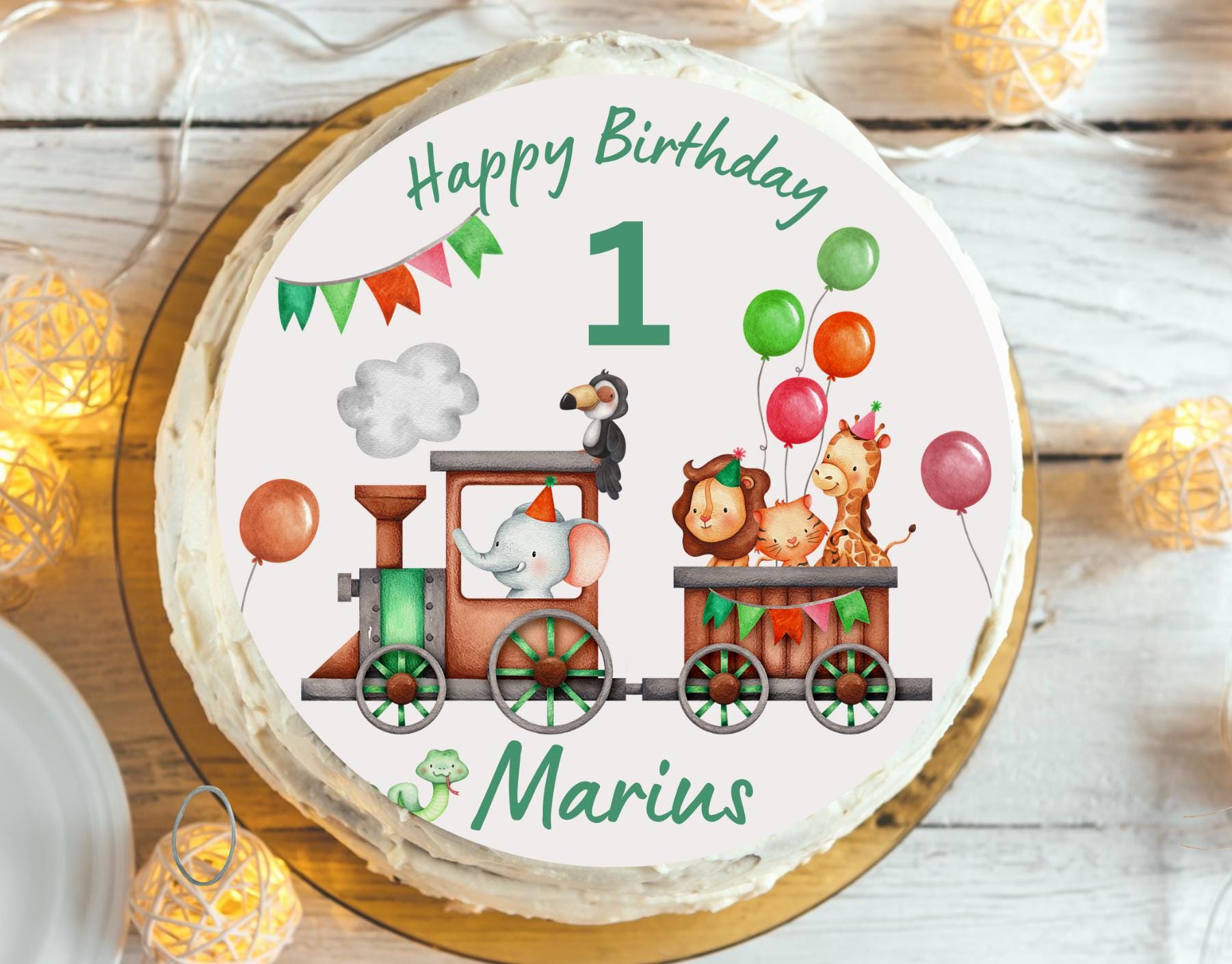 Tortenaufleger Safari Zug – personalisiert mit Name & Alter – Fondant Tiere – Deko für geburtstag 1–6 Jahre – Party Decor