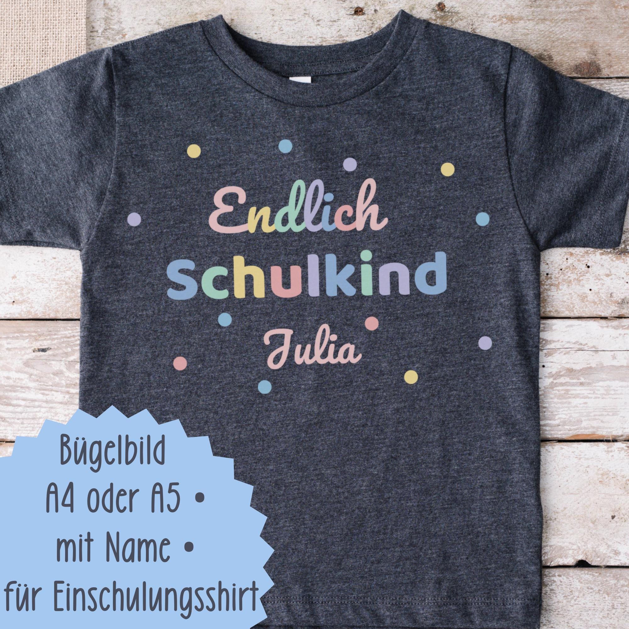 Bügelbild Einschulung personalisiert – Endlich Schul – mit Name & Zahl – DIY Schulanfang A4/A5 – und – Pastellfarben – Appliques & Patches