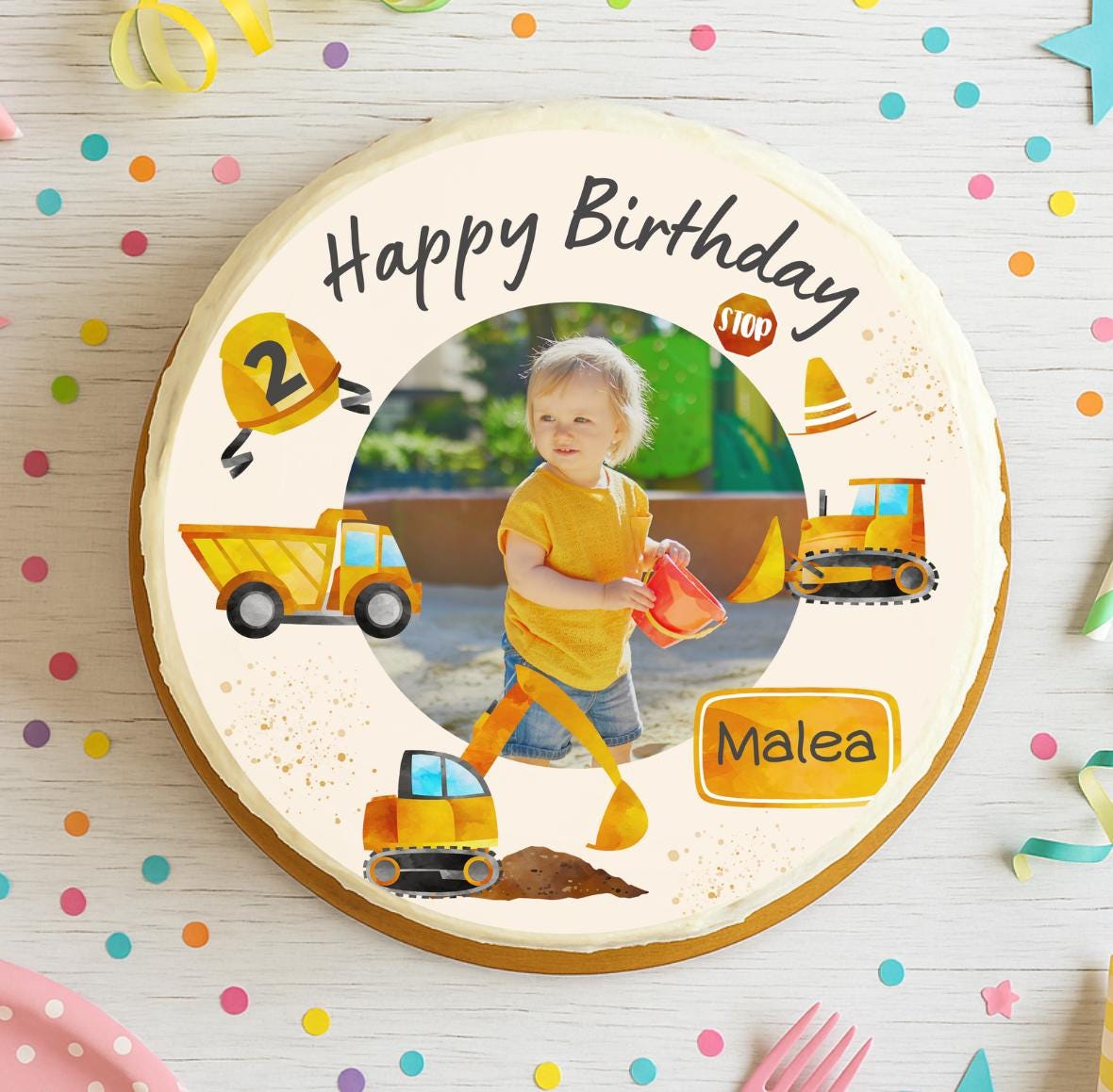 Tortenaufleger mit Foto – personalisiertes für – Baustellenparty mit Stoppschild & Bagger – Fondantbild – Party Decor