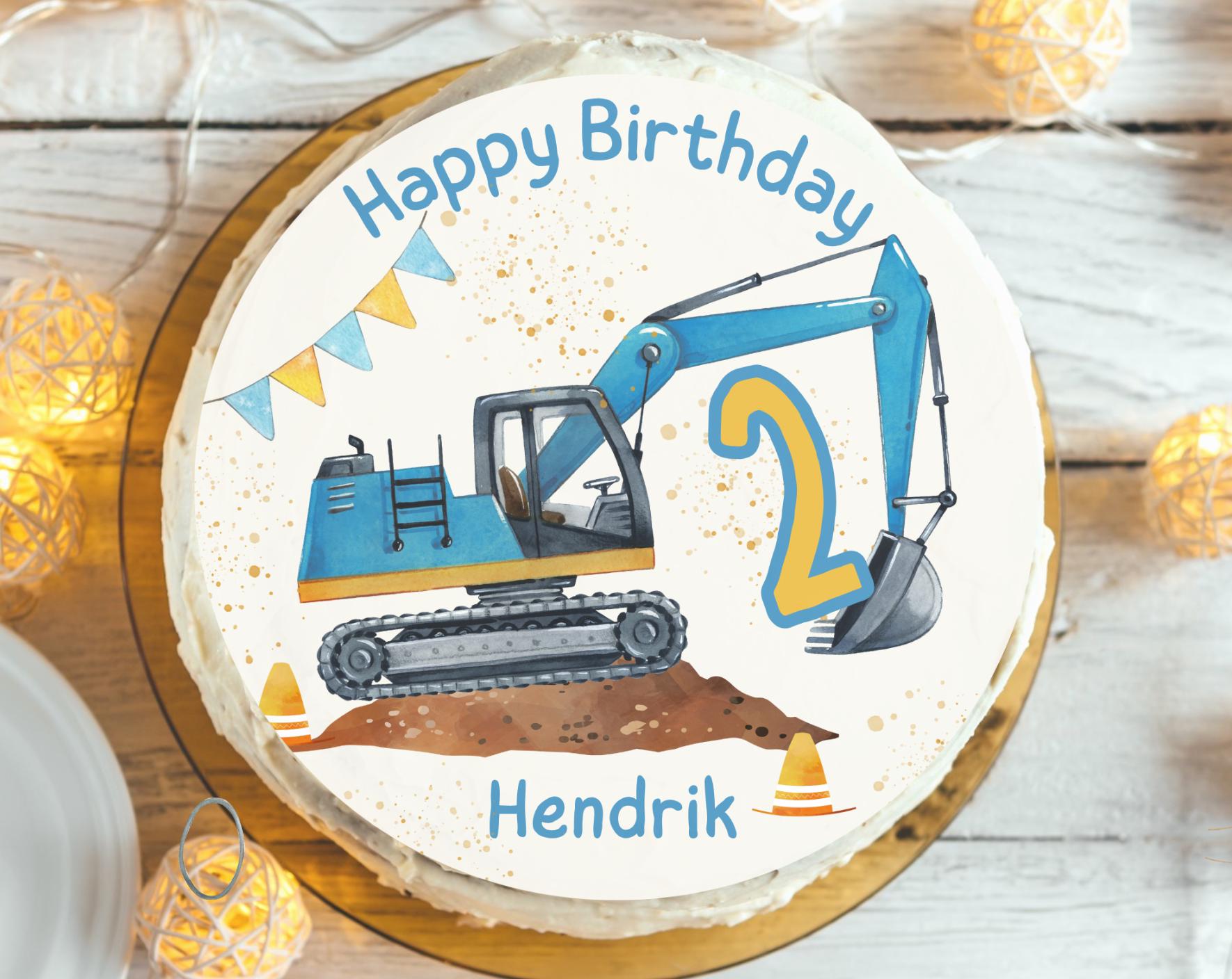 Tortenaufleger blauer Bagger – personalisiert mit Name & Zahl – Fondantbild Geburtstag – moderne Baustellen-Deko für – Party Decor