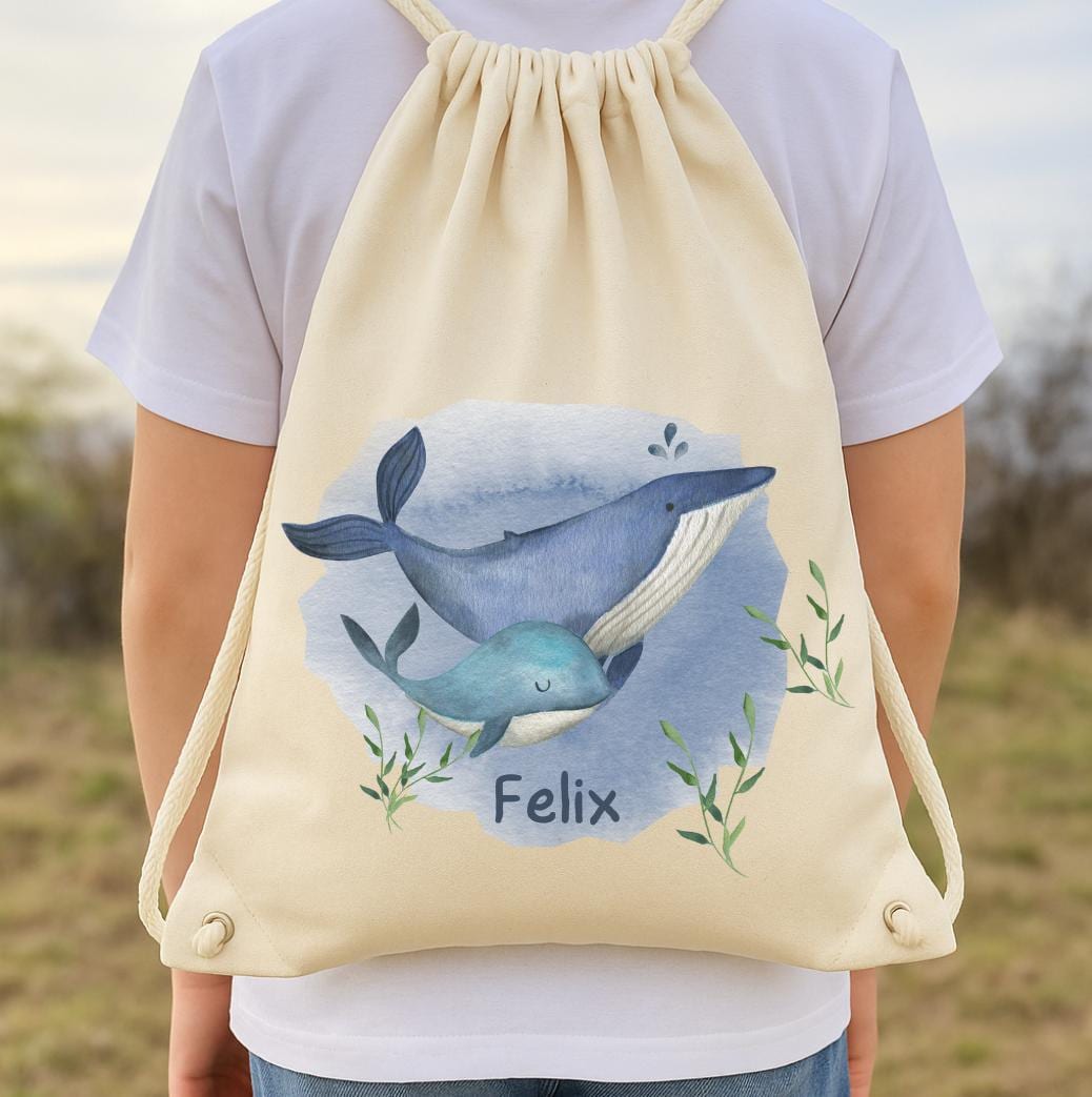Turnbeutel Wal mit Name – personalisiert – für – Kita Tasche zur Einschulung – Wechselwäschebeutel garten – Team Sports & Gym Bags