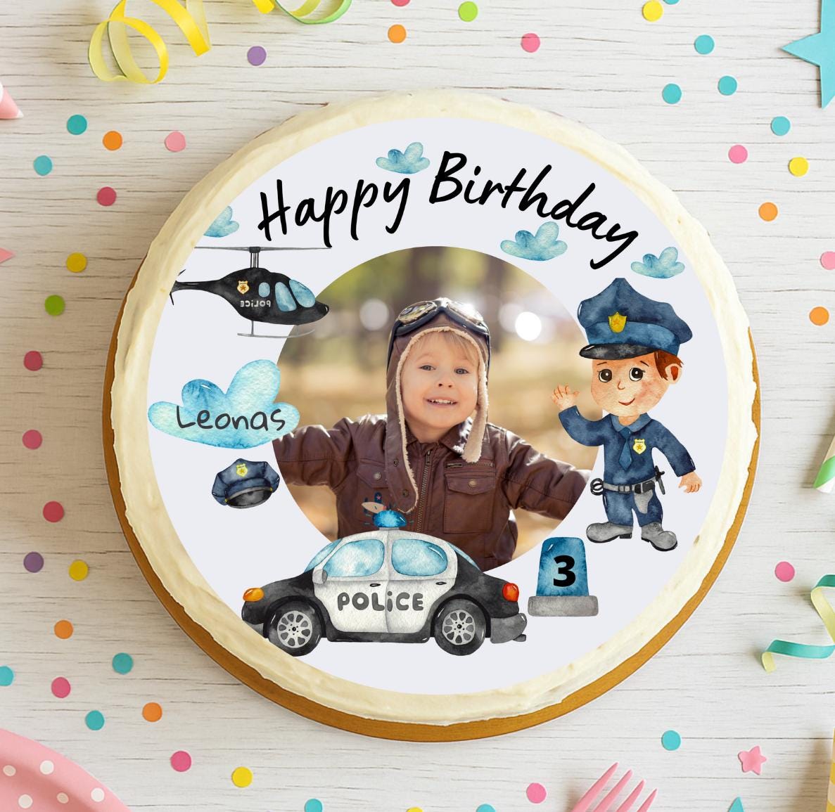 Polizei Tortenaufleger personalisiert mit Foto – essbares aus Fondant Ø20cm – geburtstag – vegan & glutenfrei – laktosefrei – Party Decor