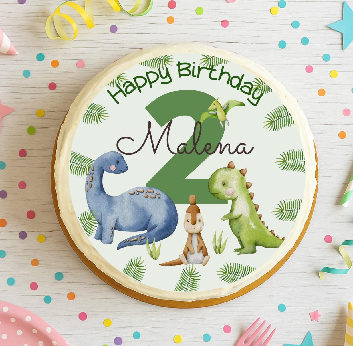 Tortenaufleger Dinosaurier mit Name & Alter – personalisiertes Fondantbild Ø 20 cm – für geburtstag und Dino-Party – Party Decor