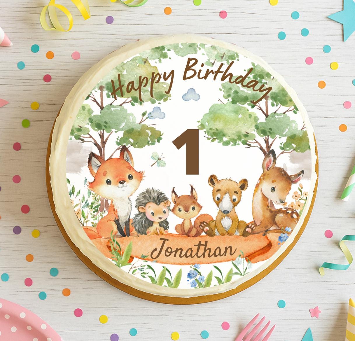 Tortenaufleger Waldtiere – personalisiert mit Name & Alter – essbares Fondantbild Ø 20 cm – vegan und glutenfrei – für den geburtstag – Party Decor