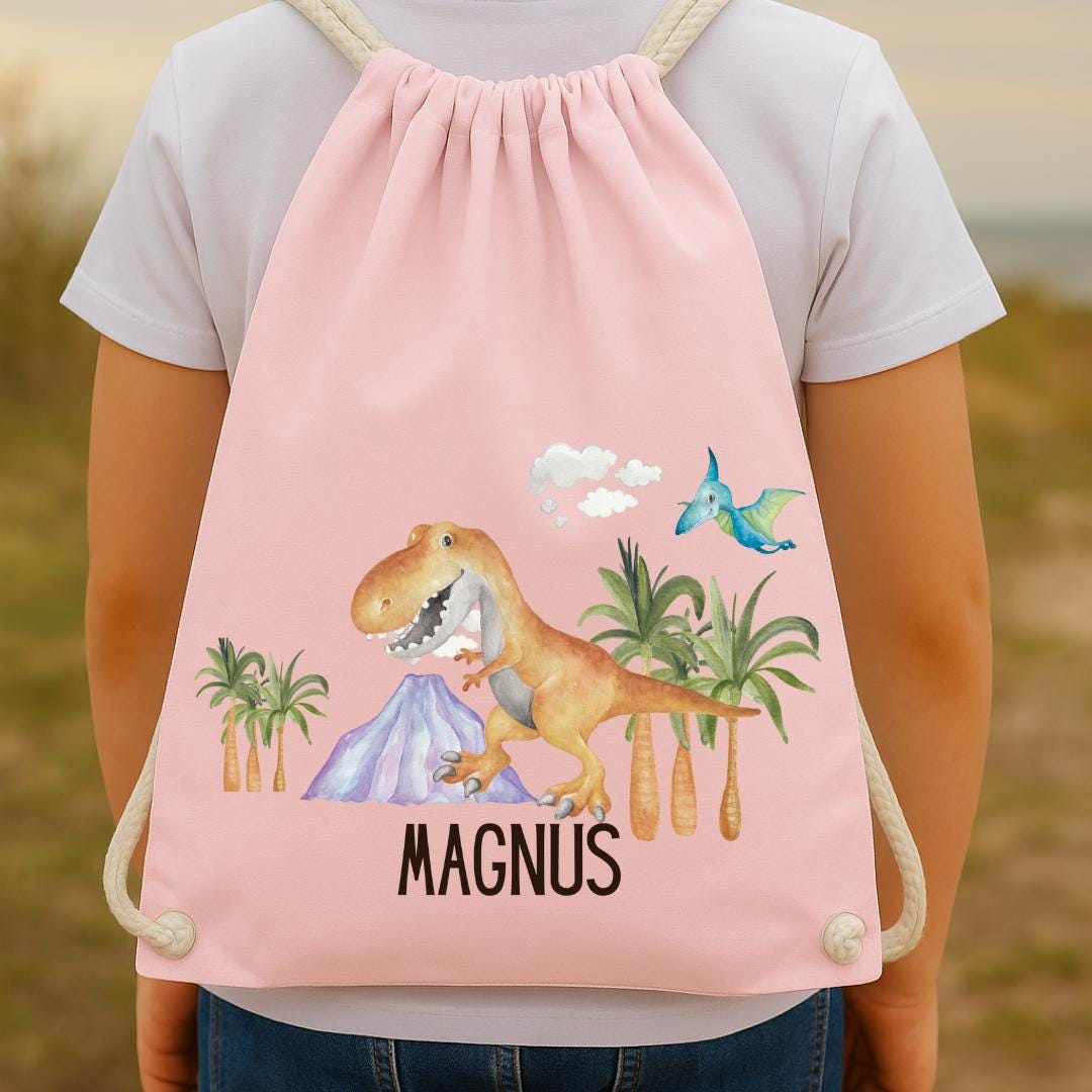Turnbeutel Dino mit Namen – personalisiert – T-Rex & Triceratops – für – Kita Tasche – Einschulung Geschenk – Team Sports & Gym Bags