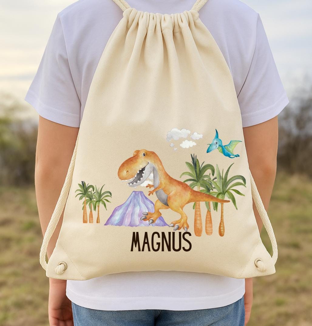 Turnbeutel Dino mit Namen – personalisiert – T-Rex & Triceratops – für – Kita Tasche – Einschulung Geschenk – Team Sports & Gym Bags