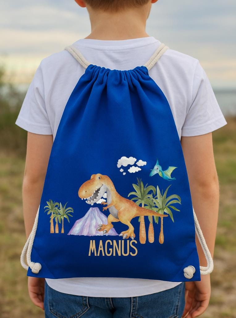 Turnbeutel Dino mit Namen – personalisiert – T-Rex & Triceratops – für – Kita Tasche – Einschulung Geschenk – Team Sports & Gym Bags