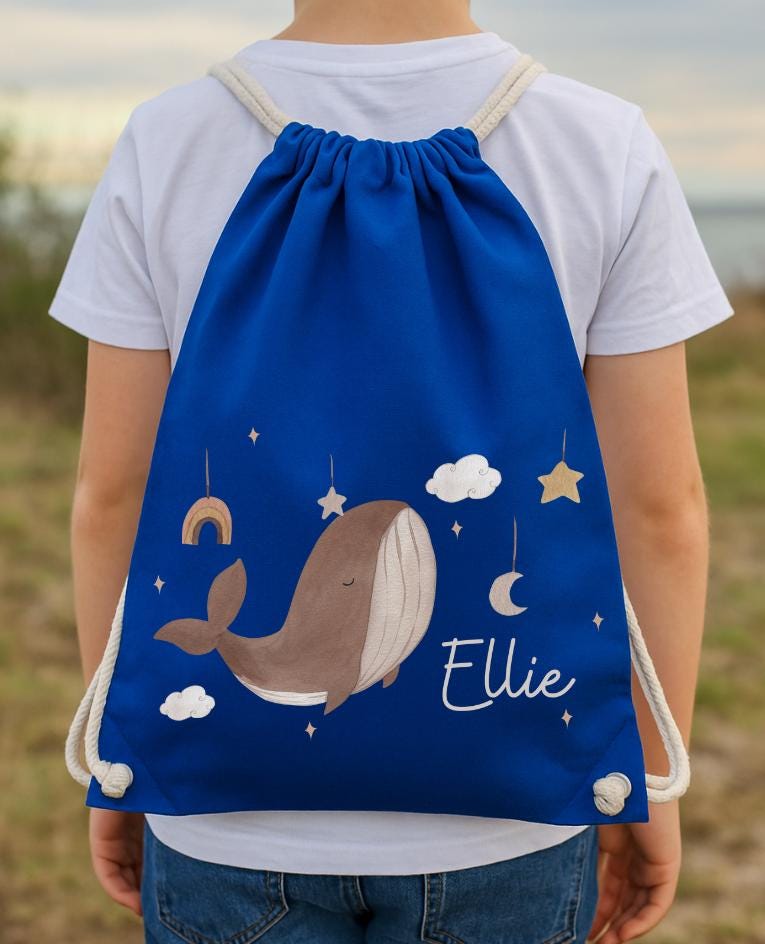 Turnbeutel Jutebeutel Jutetasche mit Namen Beutel für Wechselwäsche personalisiert Boho Wal Regenbogen – Team Sports & Gym Bags