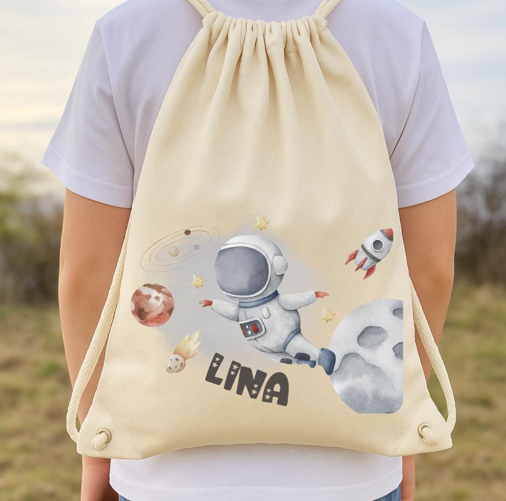 Astronaut Turnbeutel mit Name – personalisierter Weltraum für – Planeten Motiv – Kita Beutel – Team Sports & Gym Bags