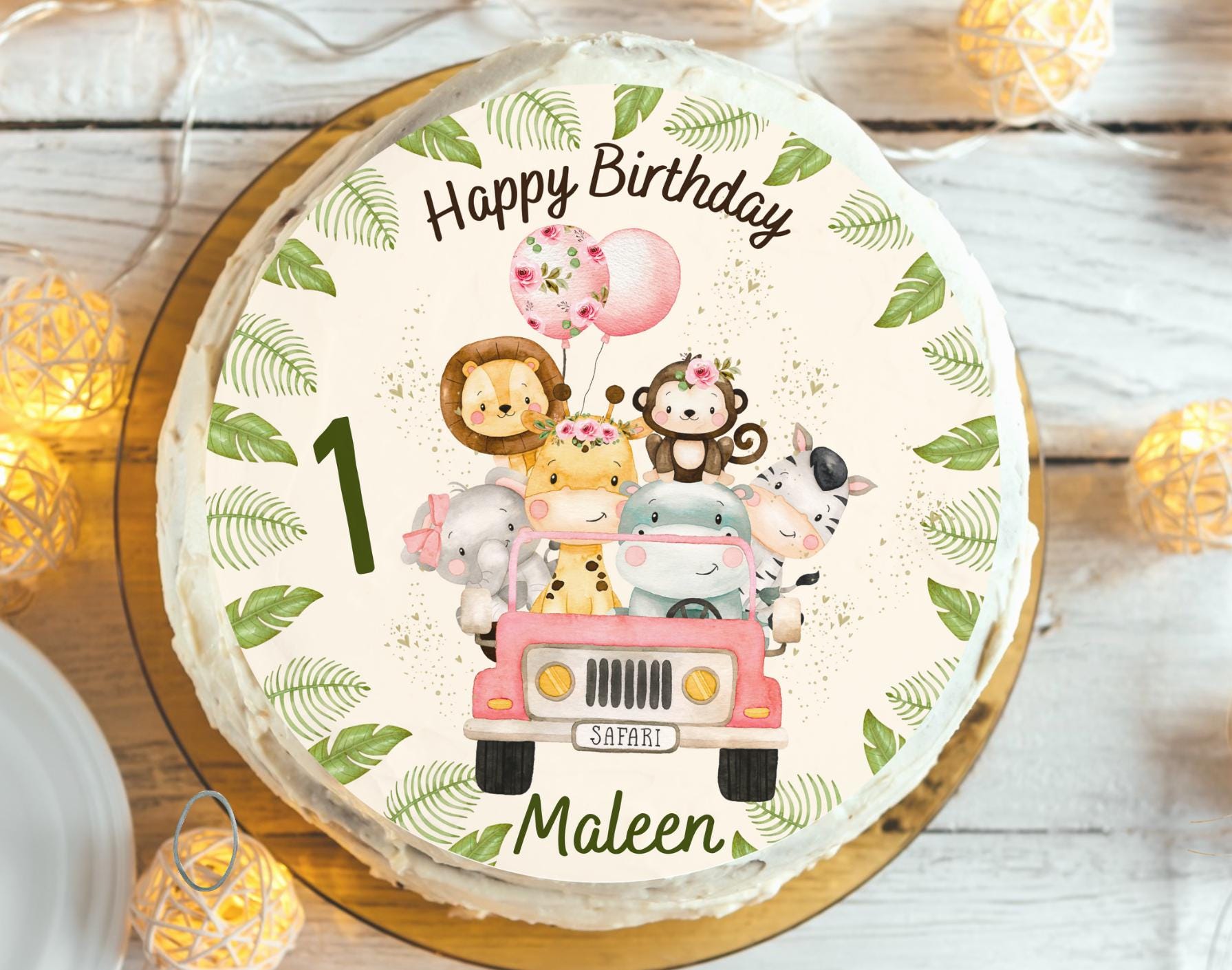 Tortenaufleger Safari Tiere personalisiert – Fondant mit Name & Alter – Dschungel Geburtstag – Rosa Safari Auto Ø 20 cm – Party Decor