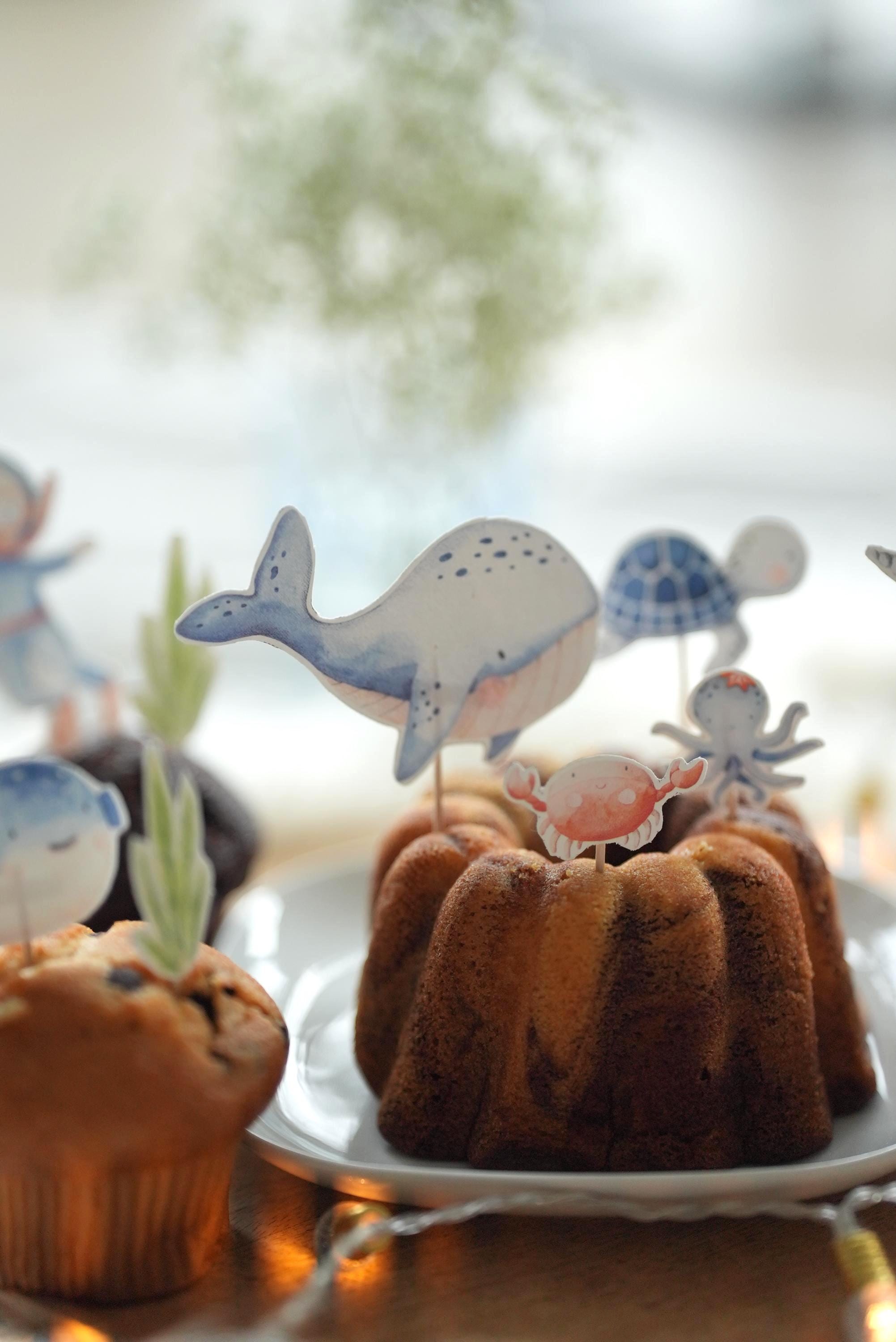 DIY Caketopper Meerestiere Bastelset – Torten Deko geburtstag – Narwal, Krabbe, Wal, Oktopus, Unterwasser Deko zum Ausschneiden – Party Decor