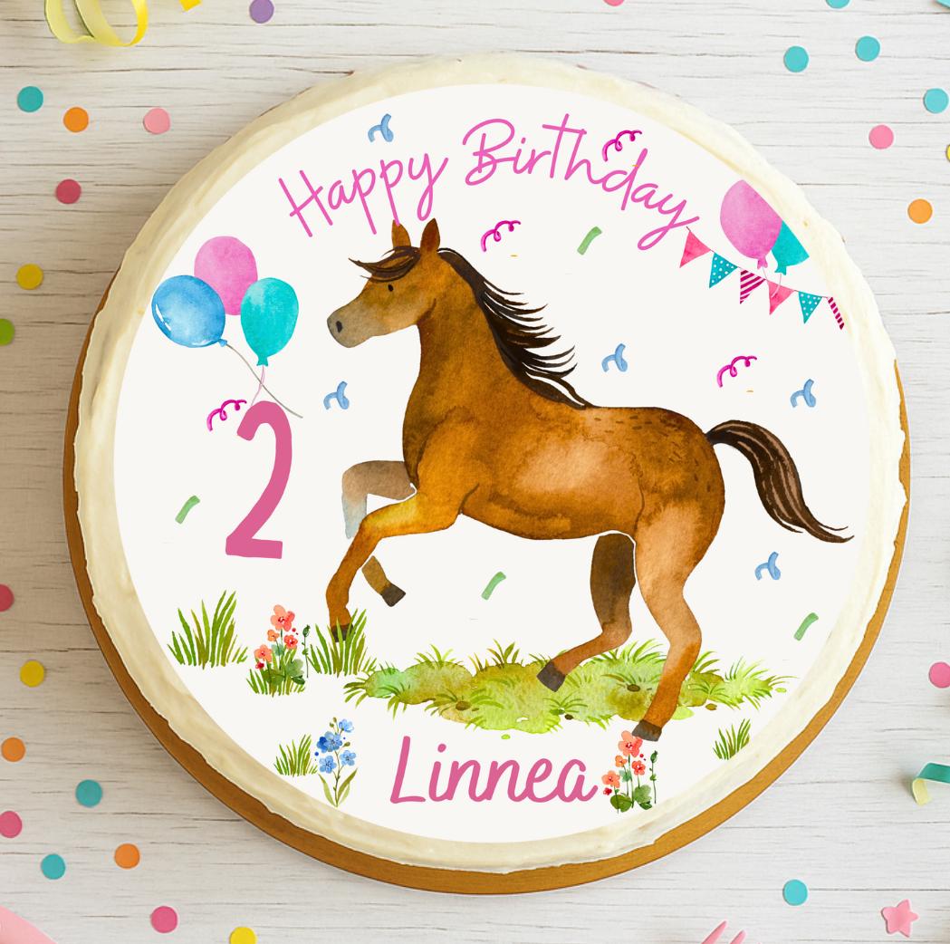 Tortenaufleger Pony rosa – personalisiert mit Name & Zahl – Fondantbild für – Geburtstagstorte – essbar – Ø 20 cm – Party Decor