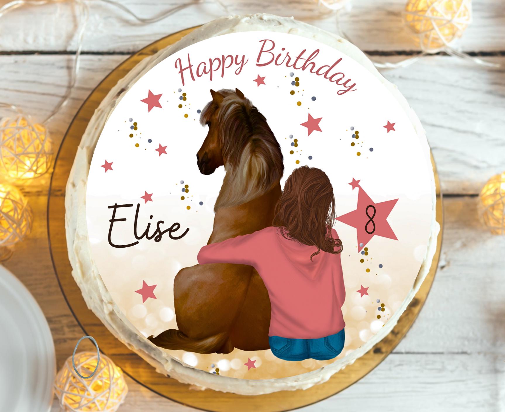 Tortenaufleger mit Pferd – personalisiert mit Name & Zahl – Fondantbild Geburtstag – emotionales Motiv – essbar – Ø 20 cm – Party Decor