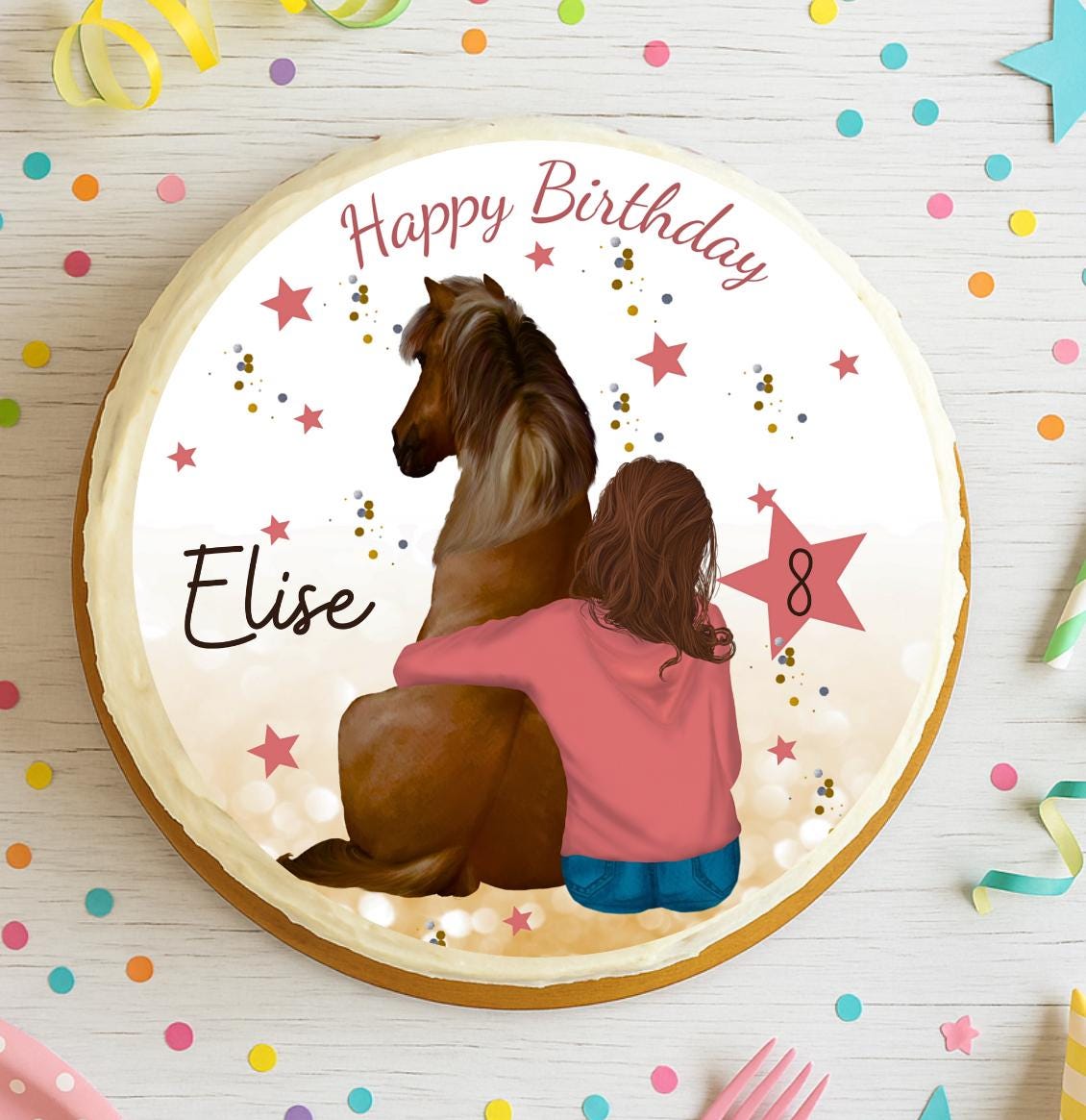 Tortenaufleger mit Pferd – personalisiert mit Name & Zahl – Fondantbild Geburtstag – emotionales Motiv – essbar – Ø 20 cm – Party Decor