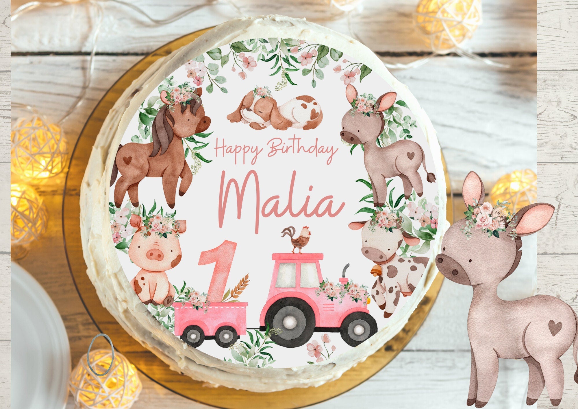 Tortenaufleger rosa Traktor – Bauernhof Tiere mit Blumen – personalisiert mit Name & Zahl – Fondantbild für – Ø 20 cm – Party Decor