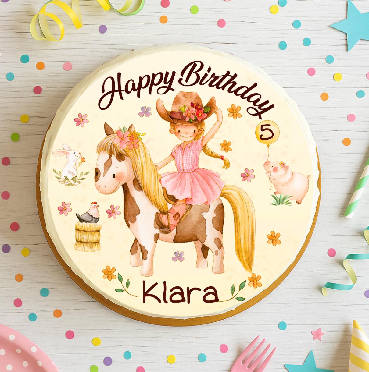 Tortenaufleger Pferd & Cowgirl – personalisiert mit Name und Zahl – Fondantbild Geburtstag – Western-Motiv – Ø 20 cm – Party Decor