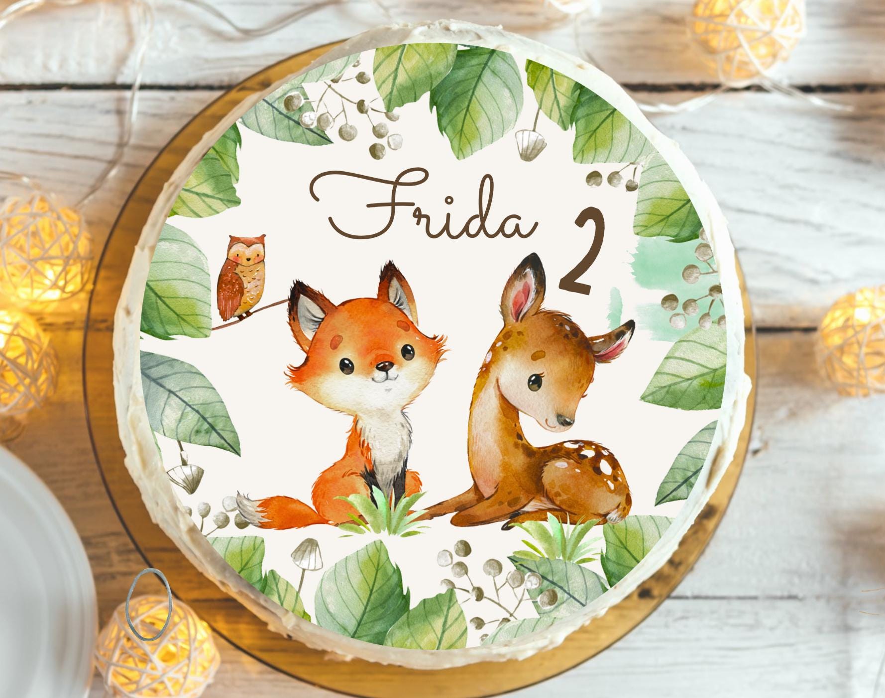 Tortenaufleger Waldtiere personalisiert – mit Name & Zahl – Fuchs Reh Eule – Fondantbild Ø 20 cm – Mottoparty geburtstag – Party Decor