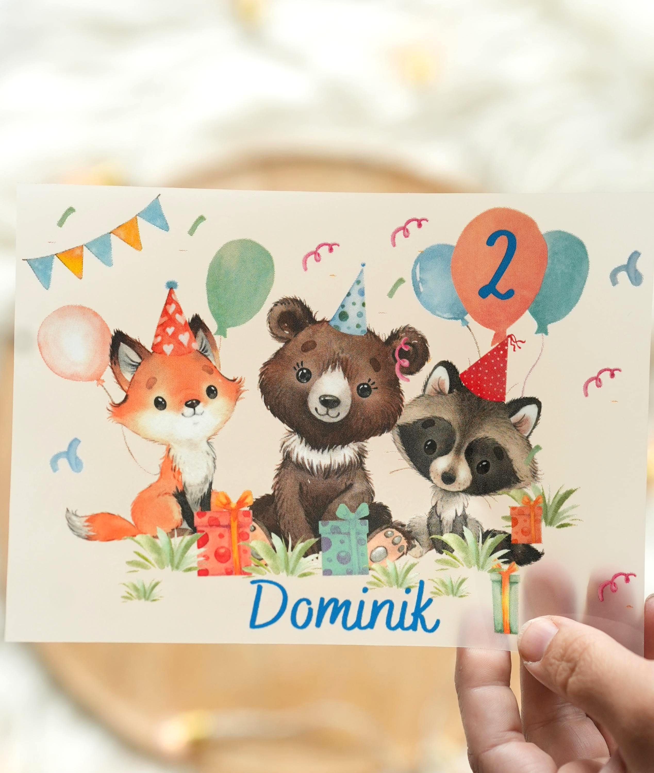 Bügelbild Waldtiere mit Name & Alter – personalisiert – Fuchs Bär Waschbär – Geburtstagsshirt – A4/A5 – Appliques & Patches