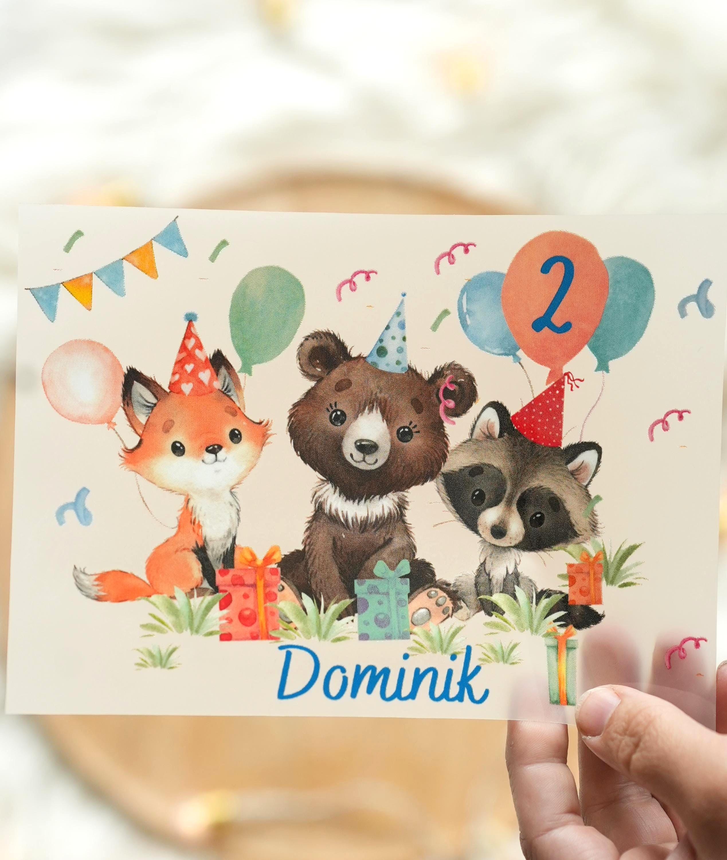 Bügelbild Waldtiere mit Name & Alter – personalisiert – Fuchs Bär Waschbär – Geburtstagsshirt – A4/A5 – Appliques & Patches