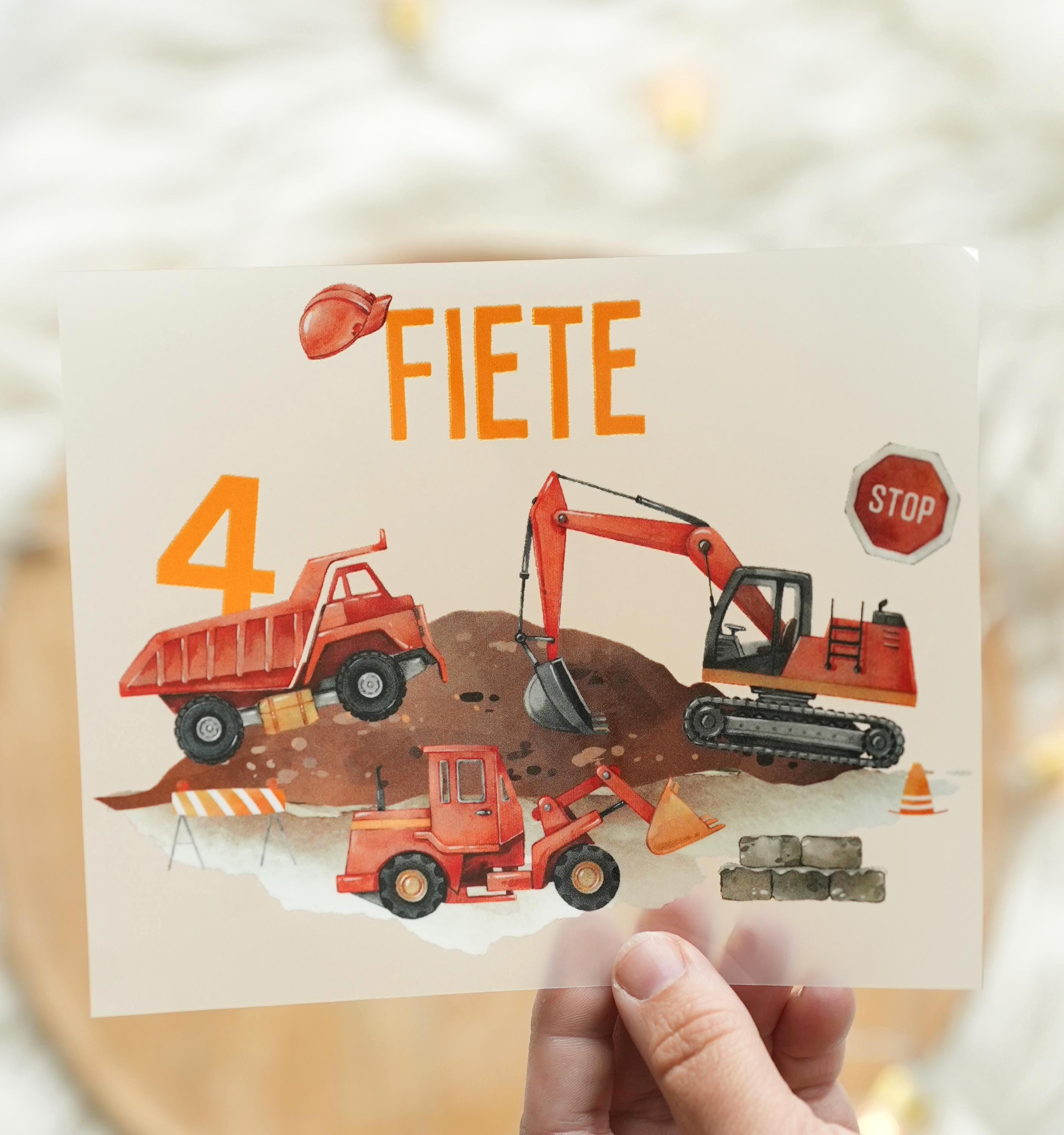Bügelbild Bagger personalisiert – Baustelle Geburtstag Shirt – mit Name & Alter – für bunte Stoffe – A4/A5 – Appliques & Patches