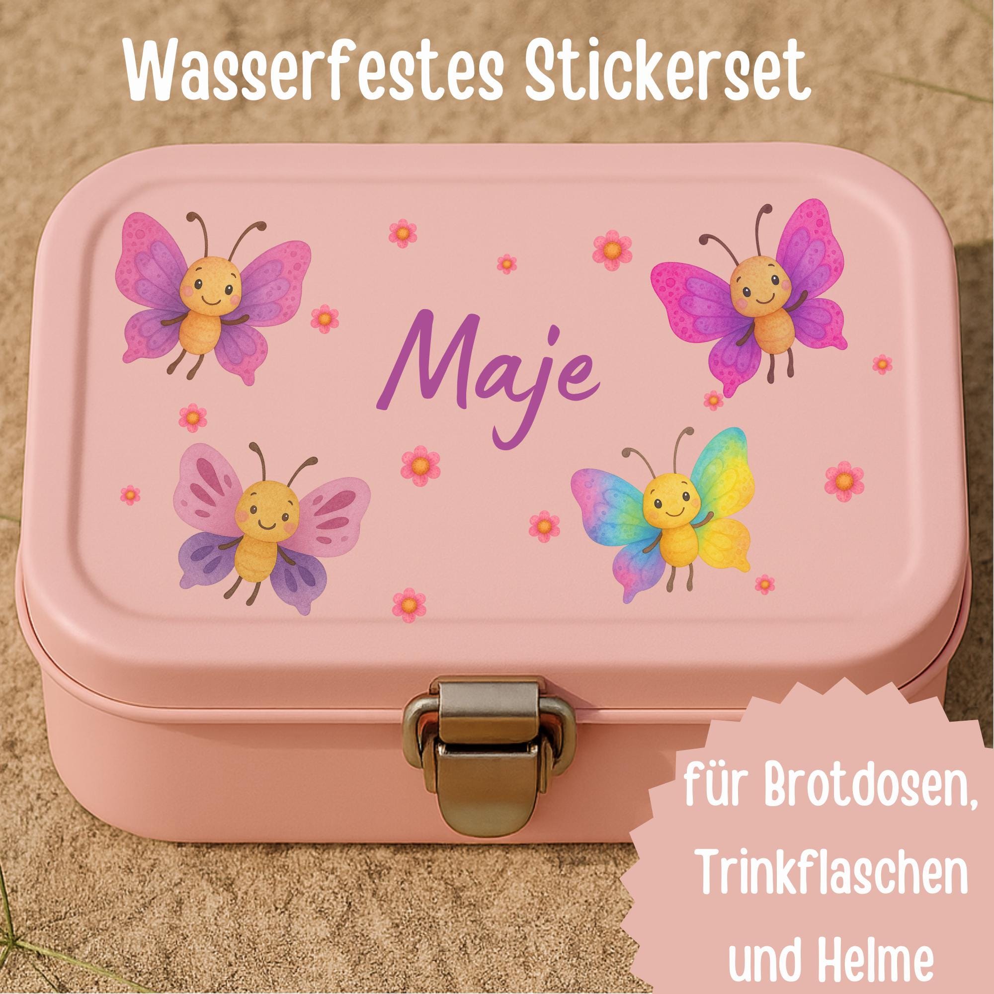Sticker mit Namen – Schmetterling personalisiert – spülmaschinenfest für Brotdose, Flasche, Schule & Kita – Stickers