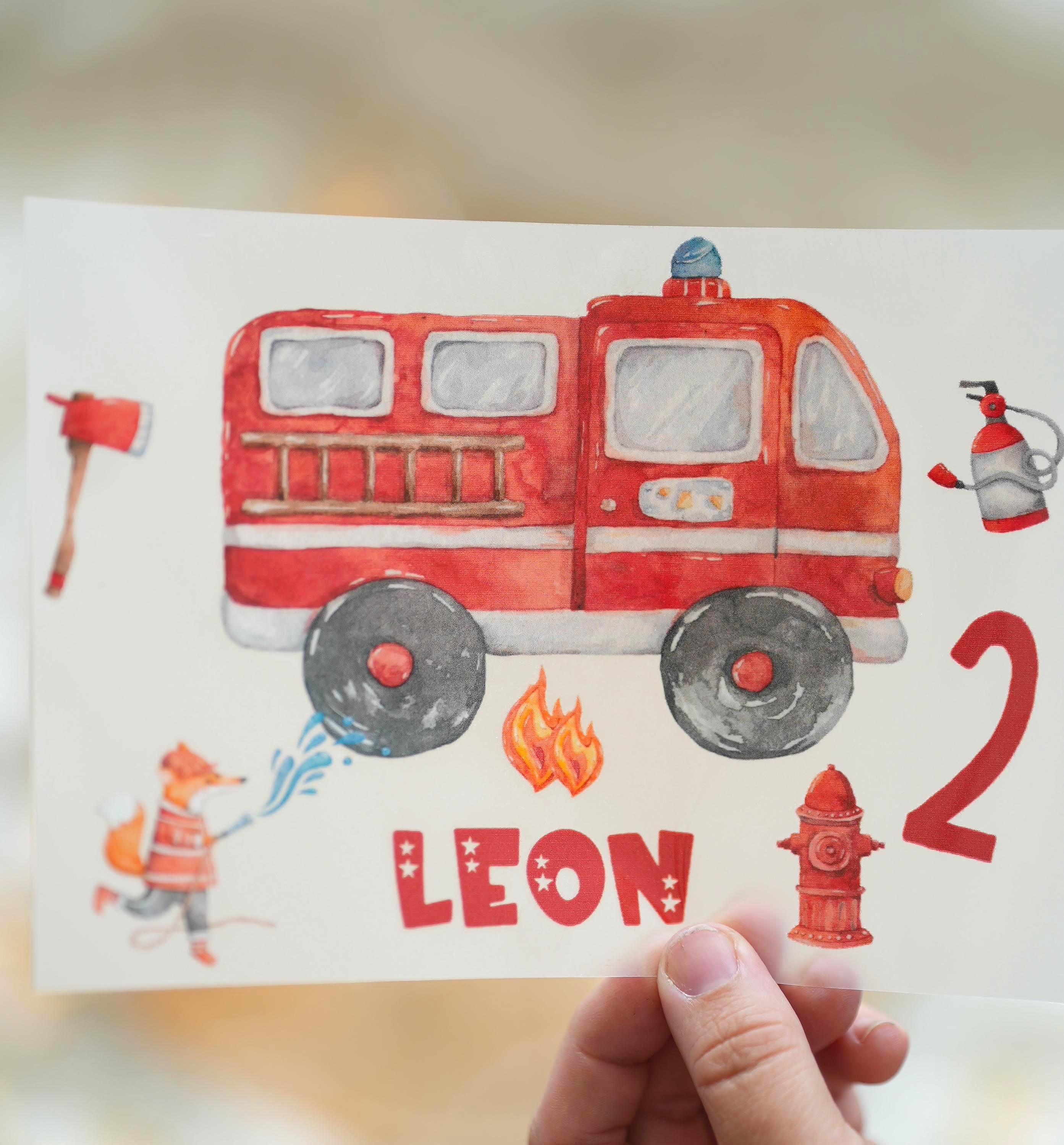 Bügelbild Feuerwehr Fuchs – personalisiert mit Name & Zahl – für 2. Geburtstag n – Motiv Tier Feuerwehrparty – Appliques & Patches