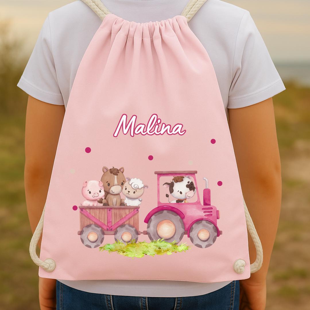 Turnbeutel rosa Traktor mit Tieren – personalisiert mit Namen – Geschenk für – gartentasche Bauernhof Style – Team Sports & Gym Bags