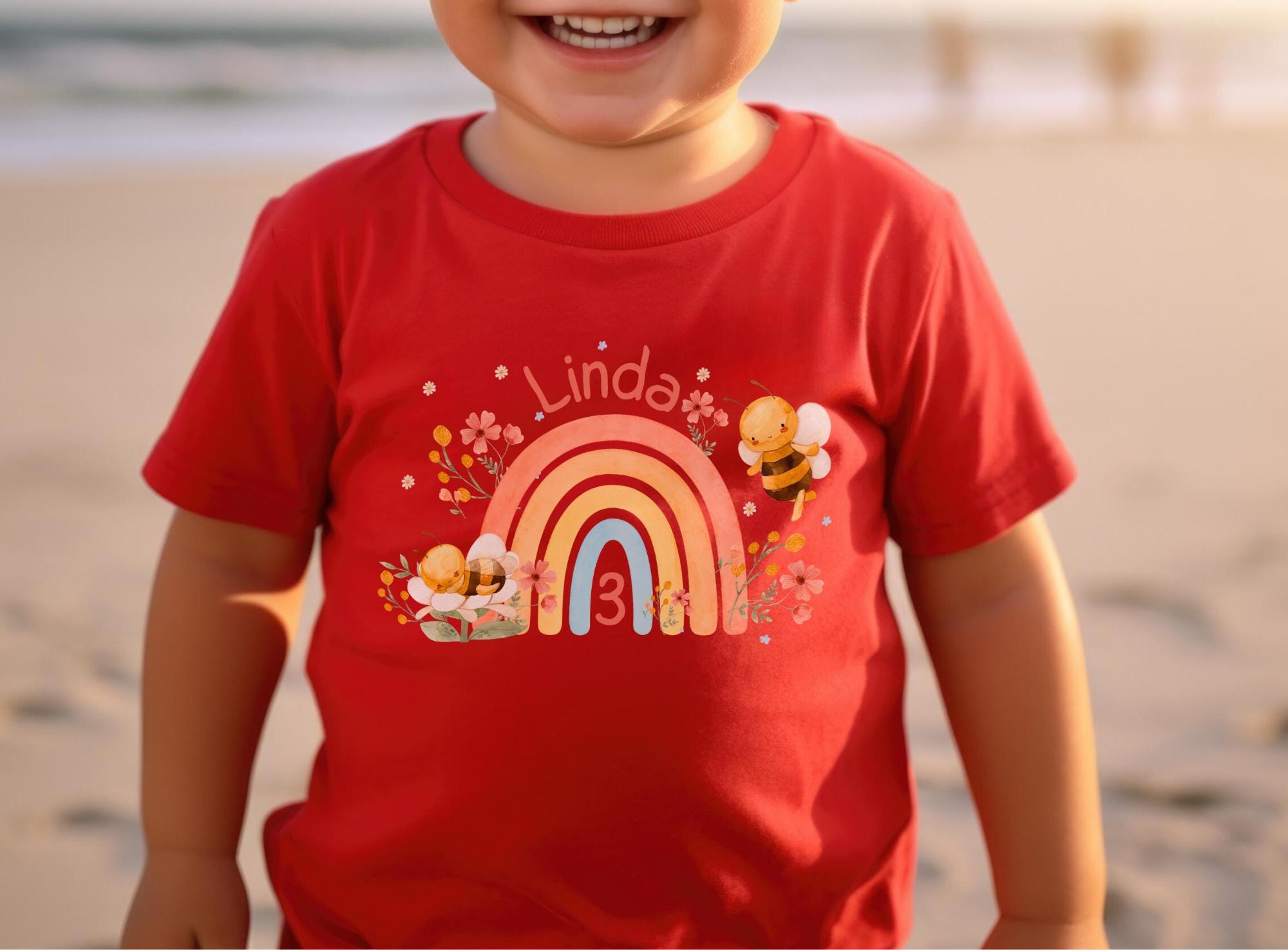 Geburtstagsshirt Regenbogen mit Biene – personalisiert mit Name & Zahl – für – Geschenk Geburtstag – T-shirts