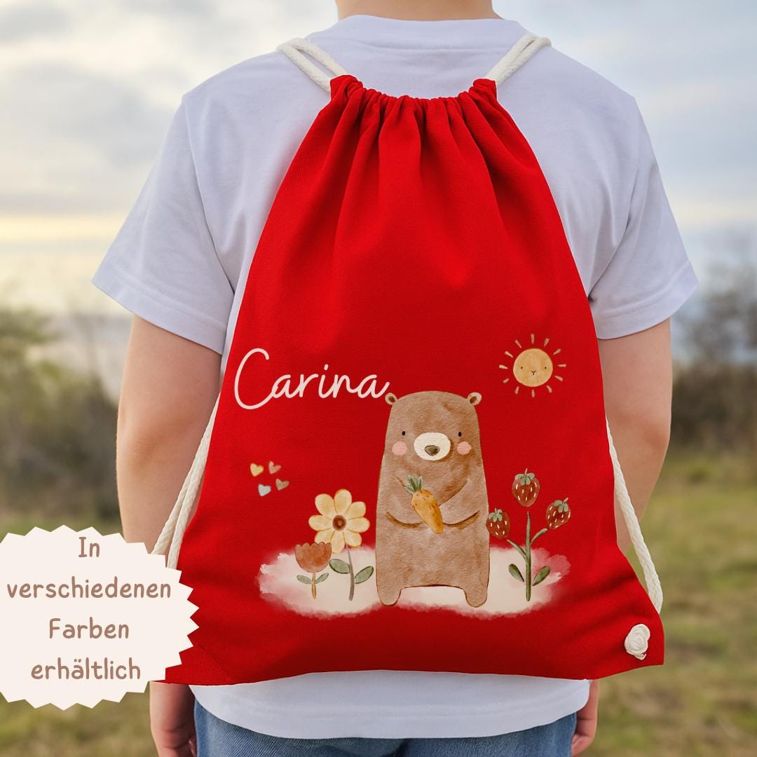 Turnbeutel mit Namen Bär – garten Wechselwäschebeutel – personalisierte Tasche Waldtiere – Geschenk Kita Start – Team Sports & Gym Bags